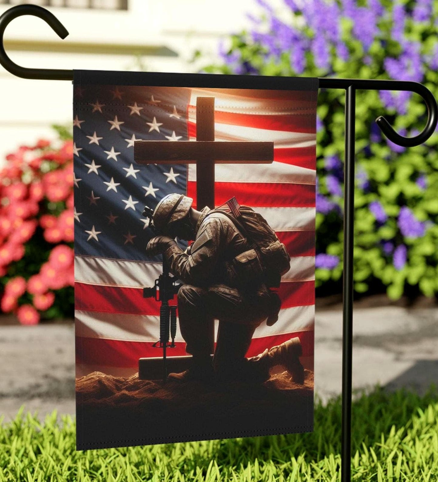 Garden Flag USA Soldier Kneeling Patriotic Banner Yard Art Garden Decor Military Outdoor Banner Veteran Gift Memorial Day Decoration Graphic Tee – Warm & Stylish · Top Pick For Any Outfit