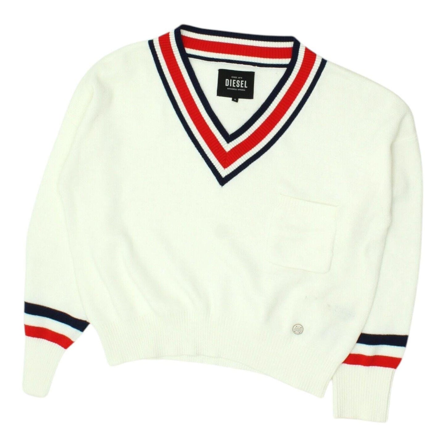 Diesel Womens Cricket Jumper Vintage White Designer Knit VNeck Sweater Graphic Tee – Feel-Good Design · Top Pick For Any Outfit