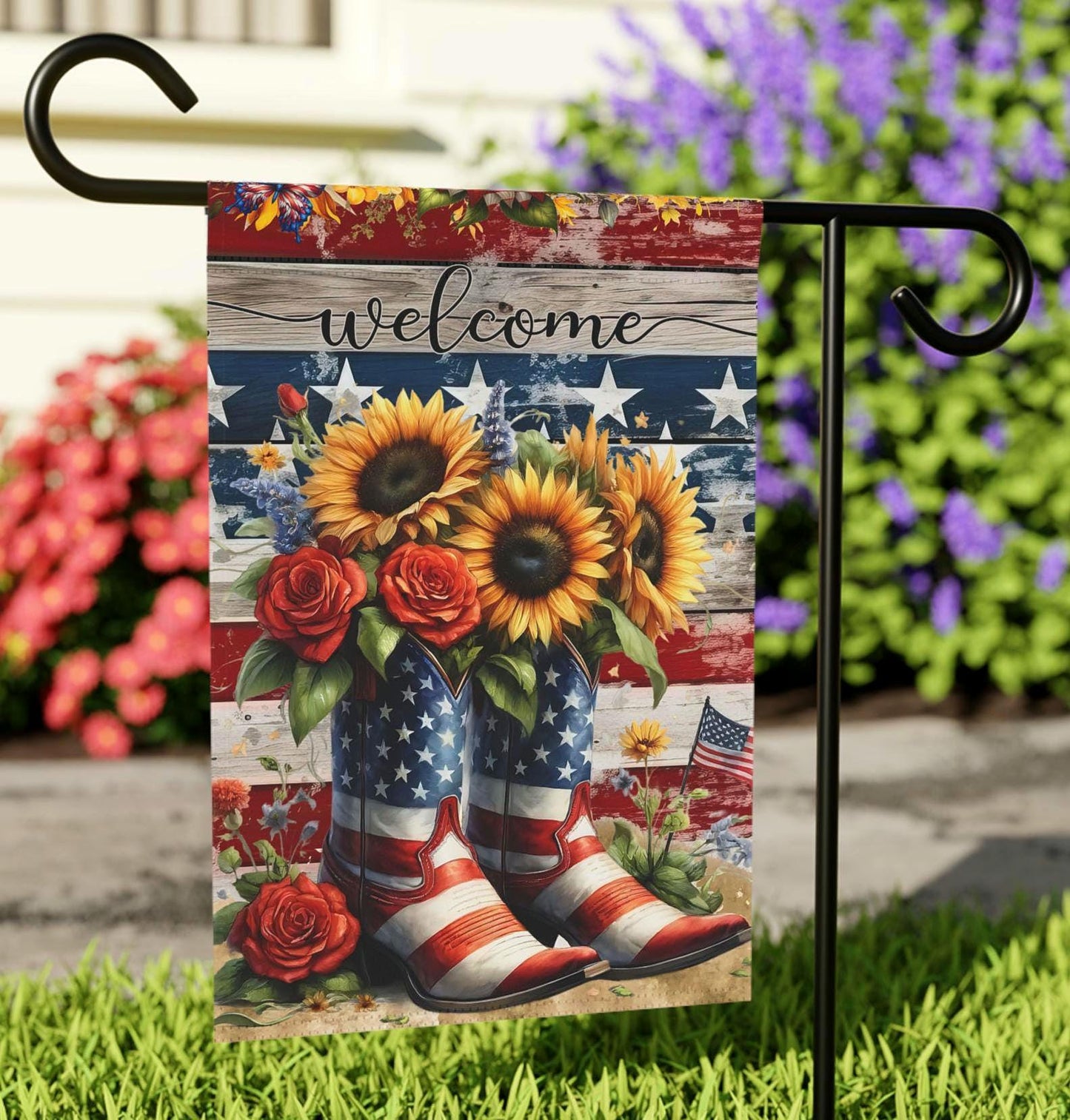 Patriotic Welcome Garden Flag Rustic Yard Art Floral Decor Banner Welcome Sign Summer BBQ Flag Independence Day Flag Housewarming Gift Graphic Tee – Everyday Comfort · Trending Graphic Apparel