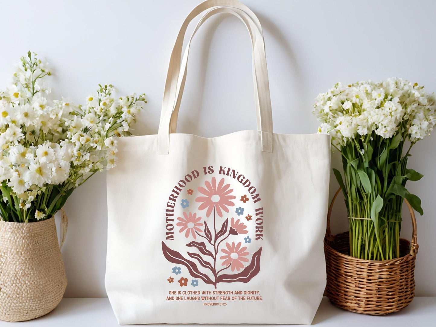 Motherhood Is Kingdom Work Tote Bag Gift for Moms Mothers Day Gift Christian Mom Bag Floral Bible Bag Positive Christian Bag Mama Bag Tote Bag – Fan Favorite · High-Quality Print