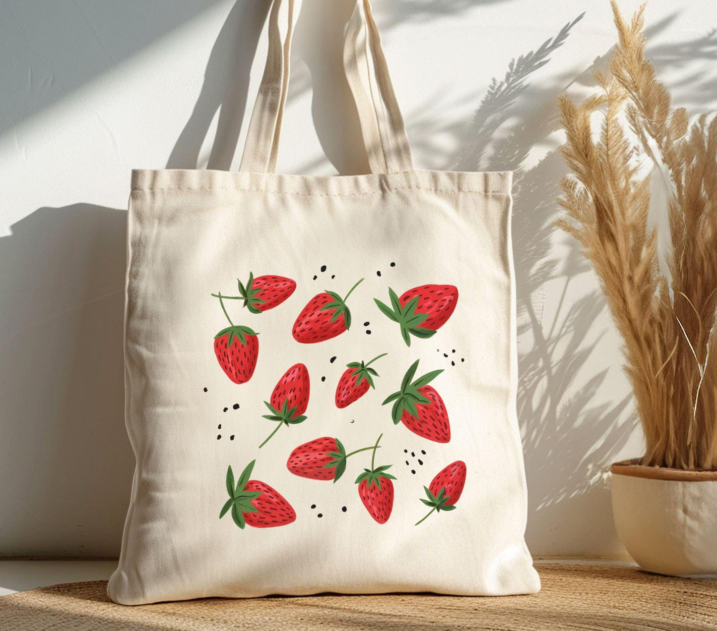 Strawberry Tote Bag Cute Canvas Market Bag with Strawberries Fruit Print Grocery Tote Eco Friendly Berry Lover Gift Tote Bag – Premium Graphic · Great Gift For Fans