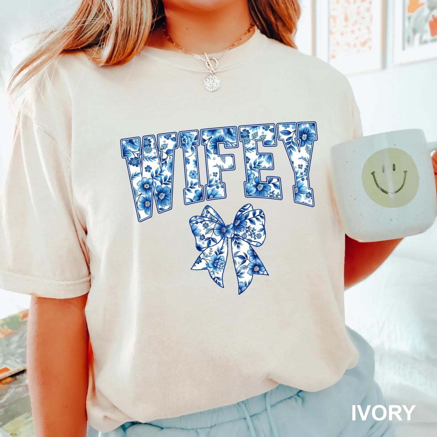 Blue Floral Ribbon Wifey Shirt Cute Mothers Day Gift Aesthetic Gift For Wifey Chinoiserie Tee Blue Ribbon Wifey shirt Graphic Tee – Cozy Vibes · Trending Graphic Apparel