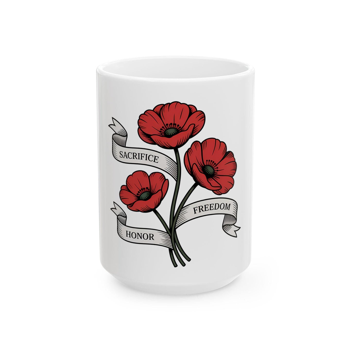 Poppy Ribbon Ceramic Mug Honor Freedom Sacrifice Memorial Day Gift Coffee Cup Floral Design Veteran Tribute Graphic Tee – Cozy Vibes · High-Quality Print
