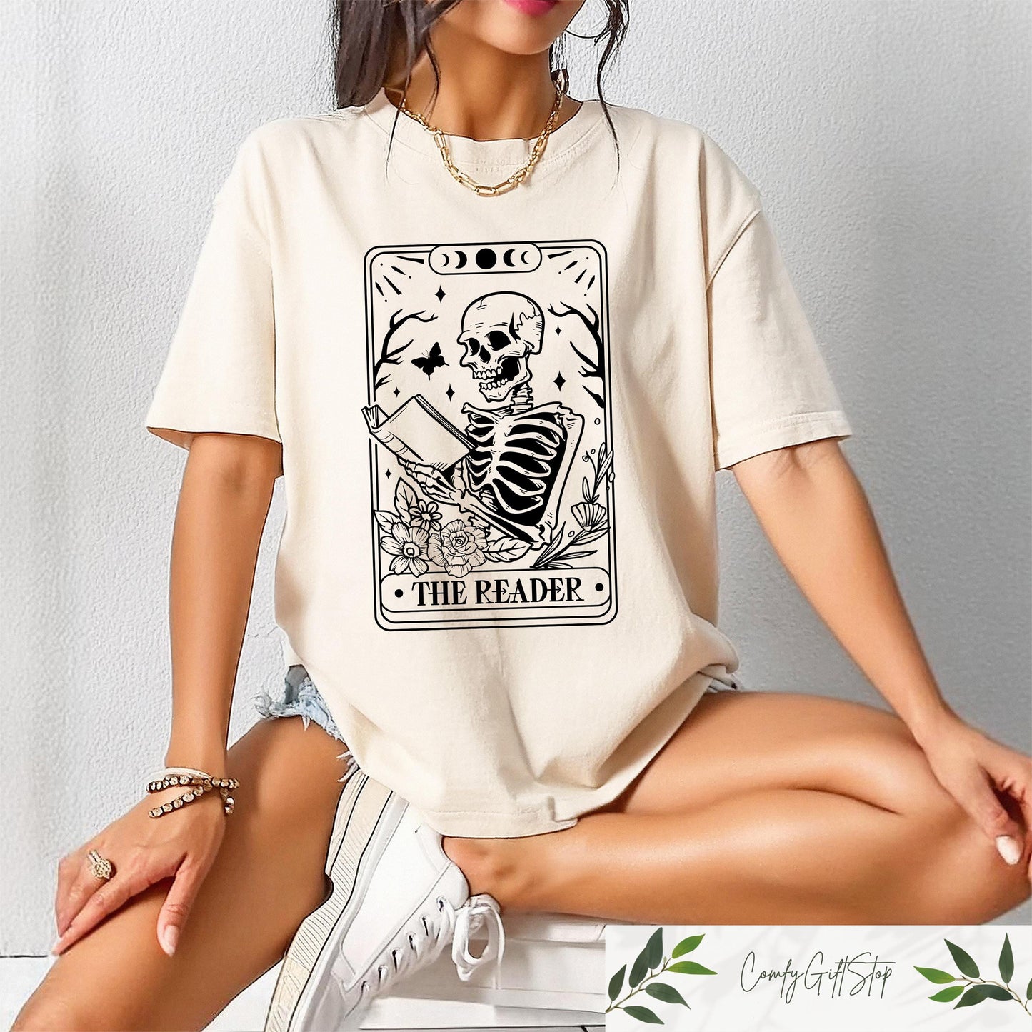 The Reader Tarot Card T shirt Skeleton Reading Shirt Book Lover Sweatshirt Librarian Lady Gift Bookish Women Crewneck Funny Reader Tee Sweatshirt – Everyday Comfort · Perfect For Daily Wear