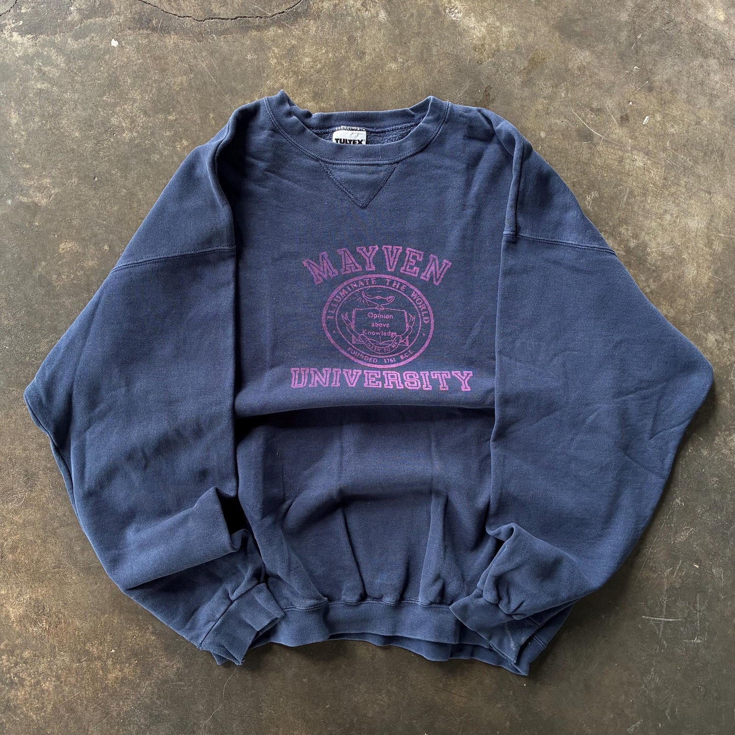 Vintage Y2K Tultex Tag Mayven University Big Logo Printed Sweatshirt Pullover Crewneck Sweater University Mayven Colour NavyBlue Size NA Sweatshirt – Easygoing Wear · Must-Have Style