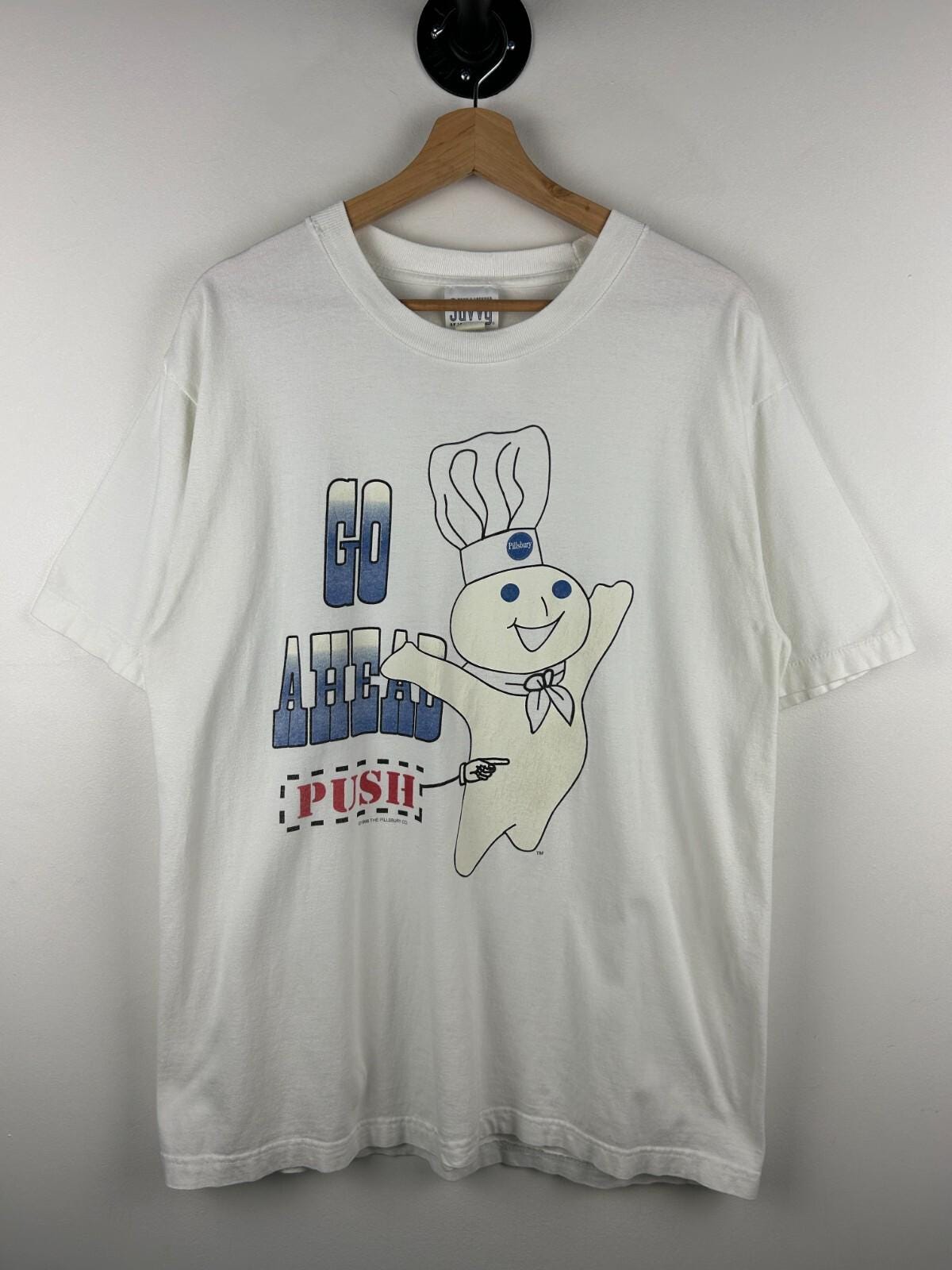 Vintage 90s Pillsbury Dough Boy Go Ahead Push White Tee Size L Graphic Tee – Aesthetic Look · High-Quality Print