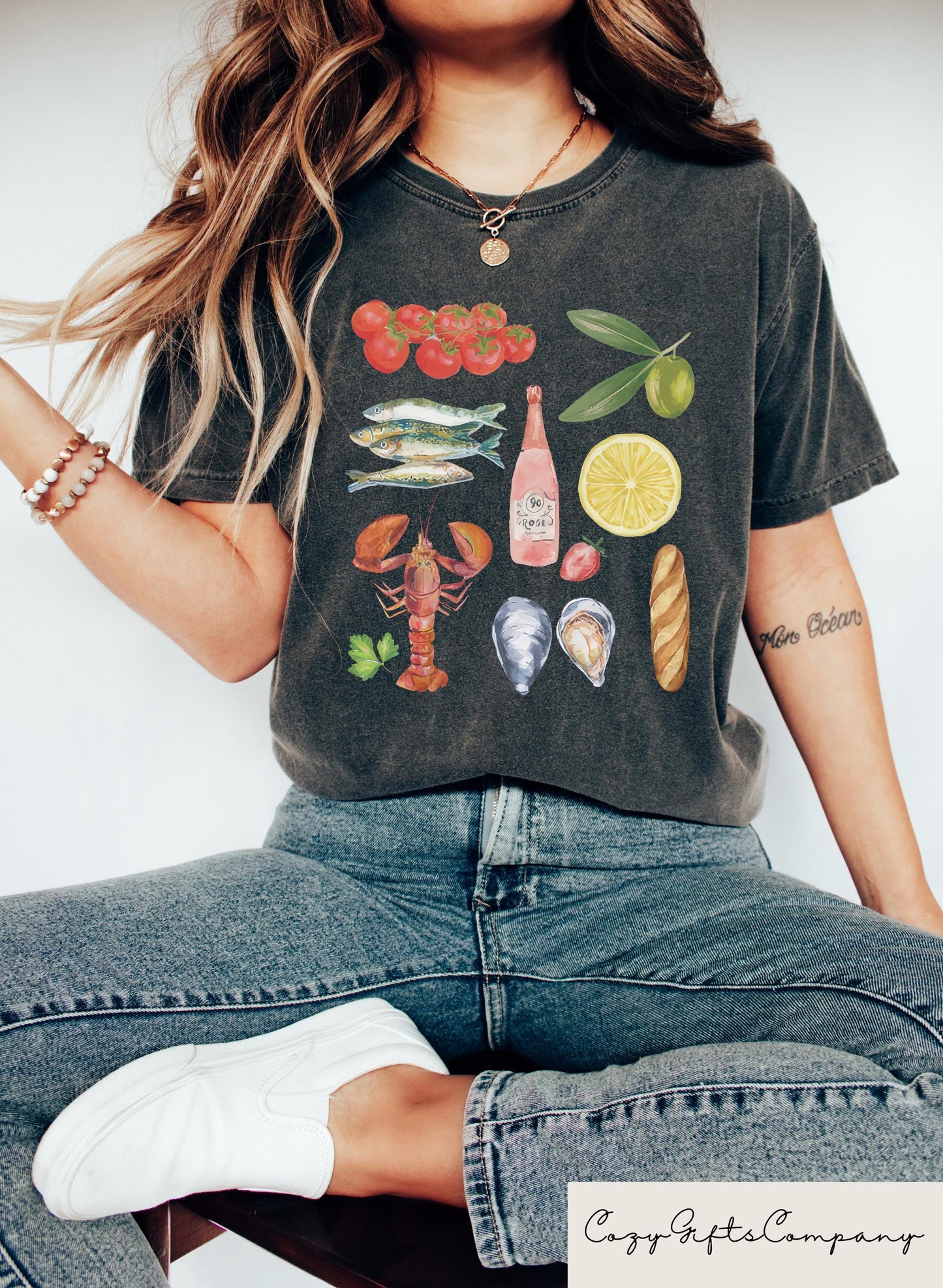 Trendy European Summer T shirt Coastal Vibe Shirt Seafood Collage Crewneck Italian Summer Vacay Gift Funny Lobster Tee Wine Lover Shirt Graphic Tee – Easygoing Wear · Perfect For Daily Wear