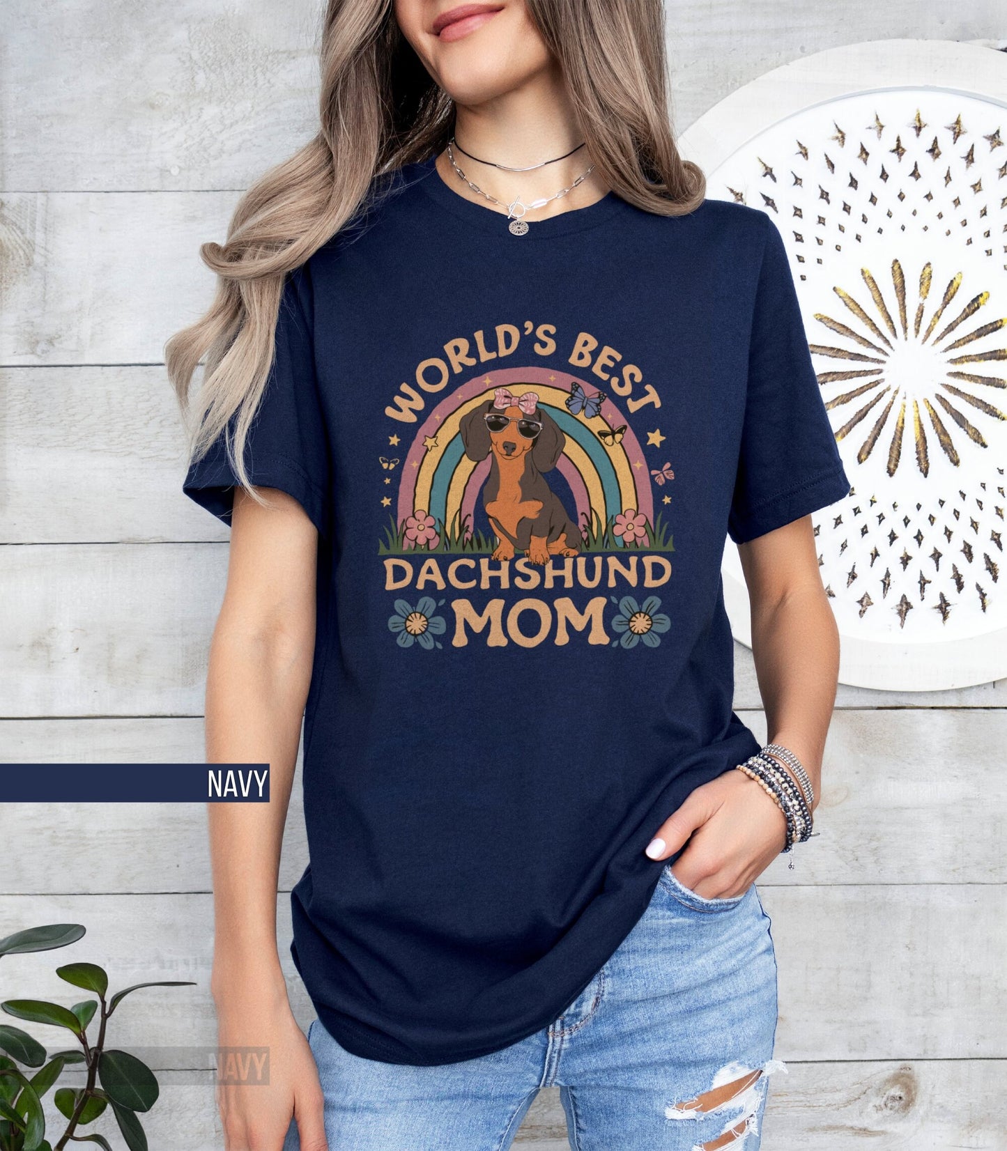 World39s Best Dachshund Mom T Shirt Cute Dog Lover Tee Womens Rainbow Shirt Gift for Doxie Mom Wiener Dog T Shirt Boho Style Pet Outfit Graphic Tee – Premium Graphic · Must-Have Style