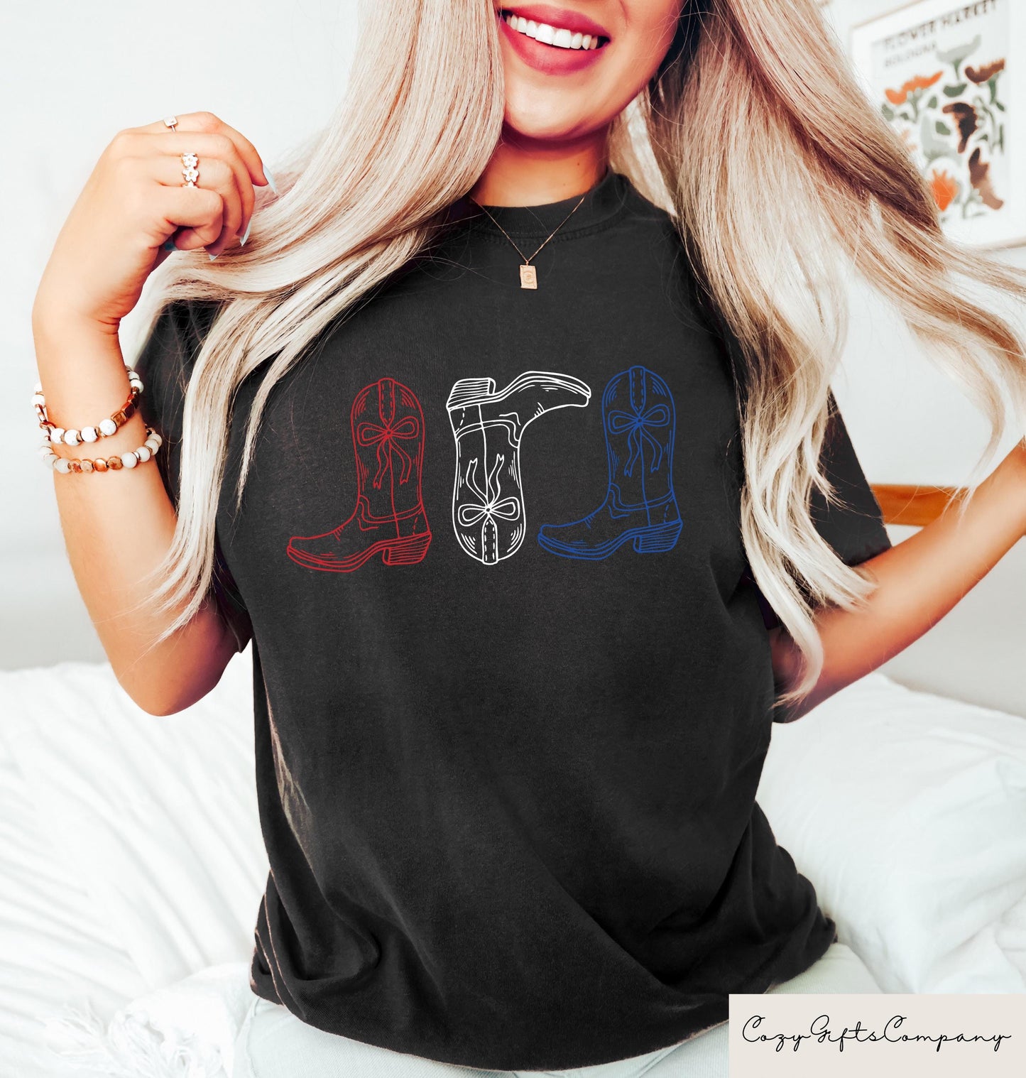 Retro Comfort Fourth Of July Tshirt Red White And Blue Cowgirl Boots Shirt Howdy Western 4th Of July Gift Patriotic Country Girl Crewneck Graphic Tee – Feel-Good Design · High-Quality Print