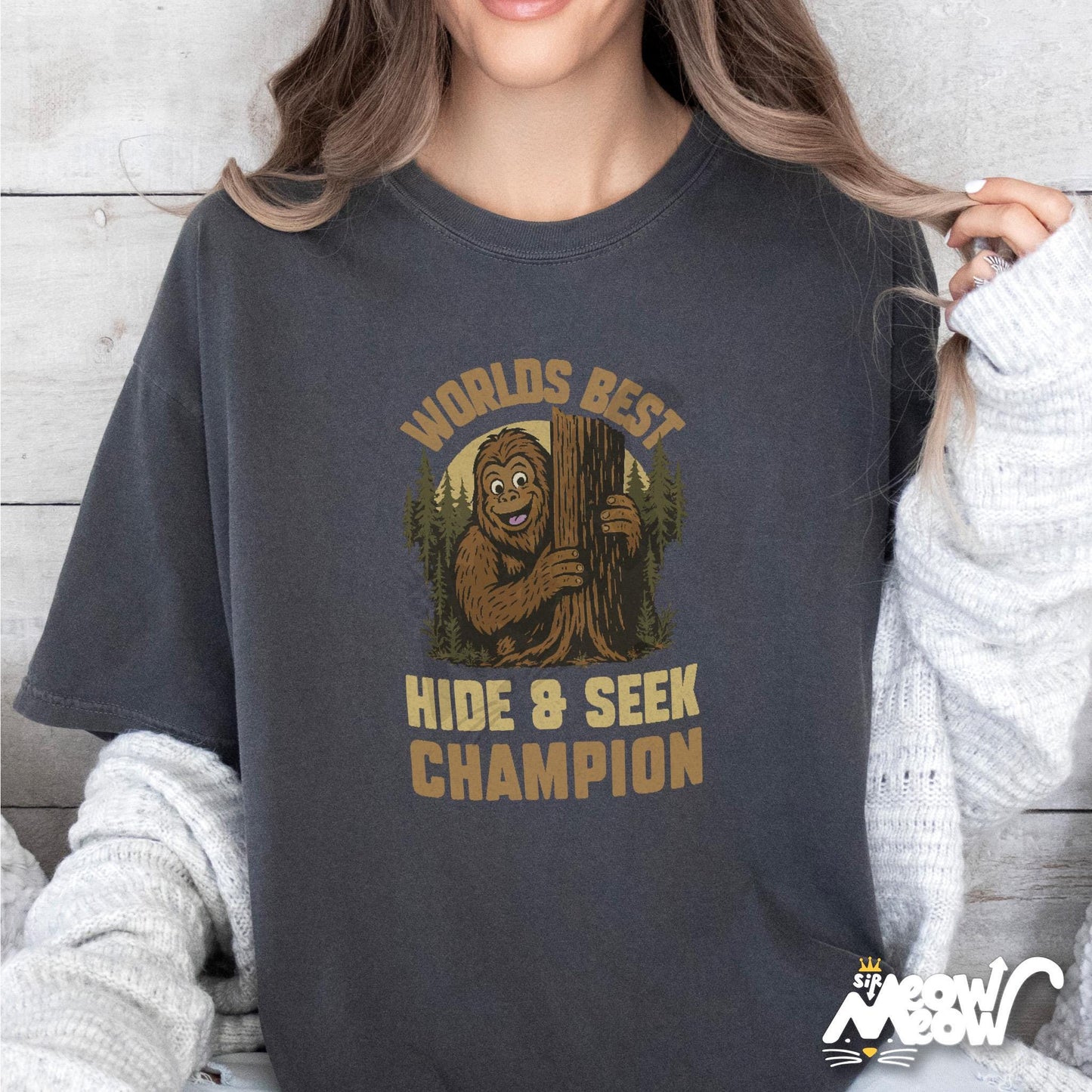 Bigfoot Hide and Seek Champion T Shirt Funny Sasquatch Tee for Cryptid Fans Outdoor Hiking Gift Graphic Tee – Cozy Vibes · Trending Graphic Apparel