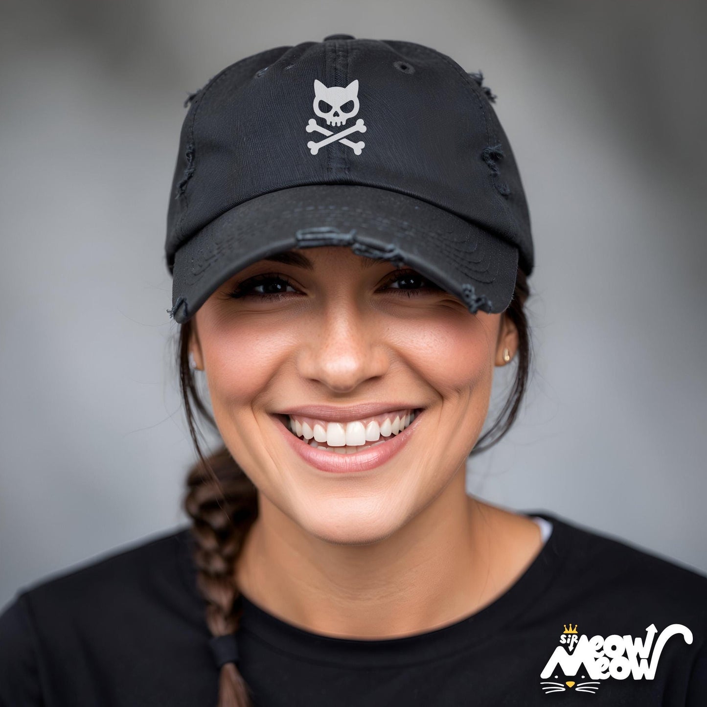 Cat Skull Crossbones Distressed Dad Hat Gothic Kitty Baseball Cap Punk Aesthetic Adjustable Unisex Cap Graphic Tee – Easygoing Wear · Must-Have Style