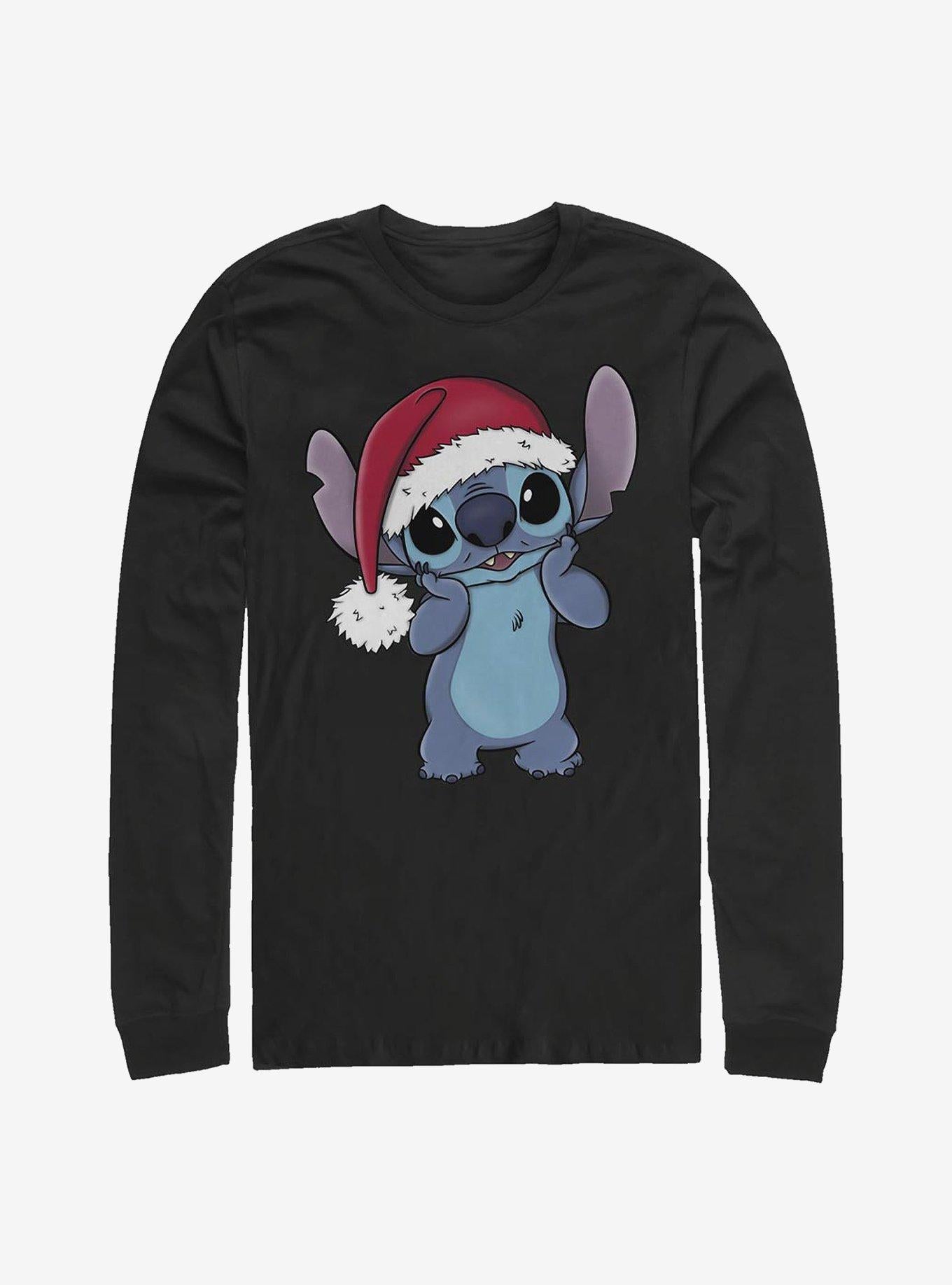 Disney Lilo & Stitch Wearing Santa Hat Long-Sleeve T-Shirt | Trending Graphic Tee For Fans