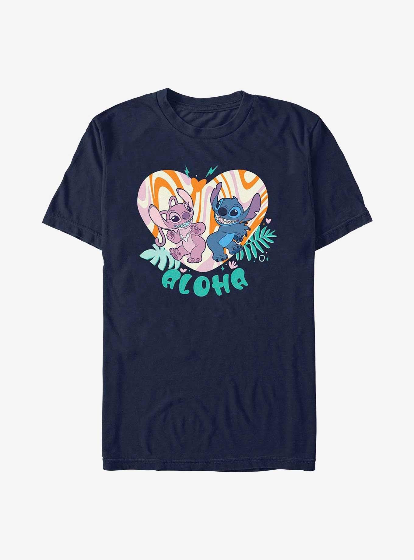 Disney Lilo & Stitch Angel and Stitch Groovy Heart T-Shirt | Trending Graphic Tee For Fans
