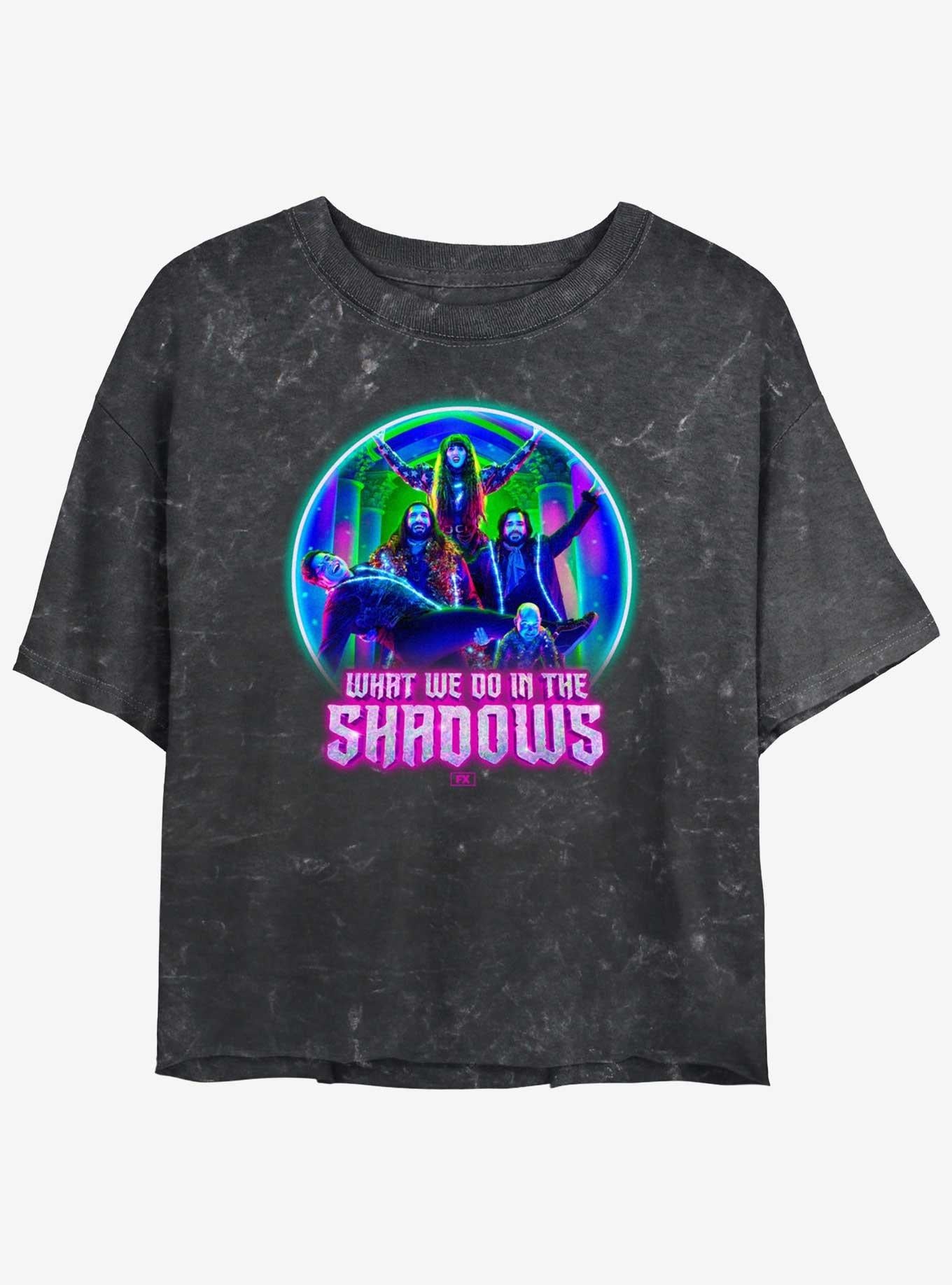 What We Do In The Shadows Neon Group Pose Girls Mineral Wash Crop T-Shirt | Trending Graphic Tee For Fans