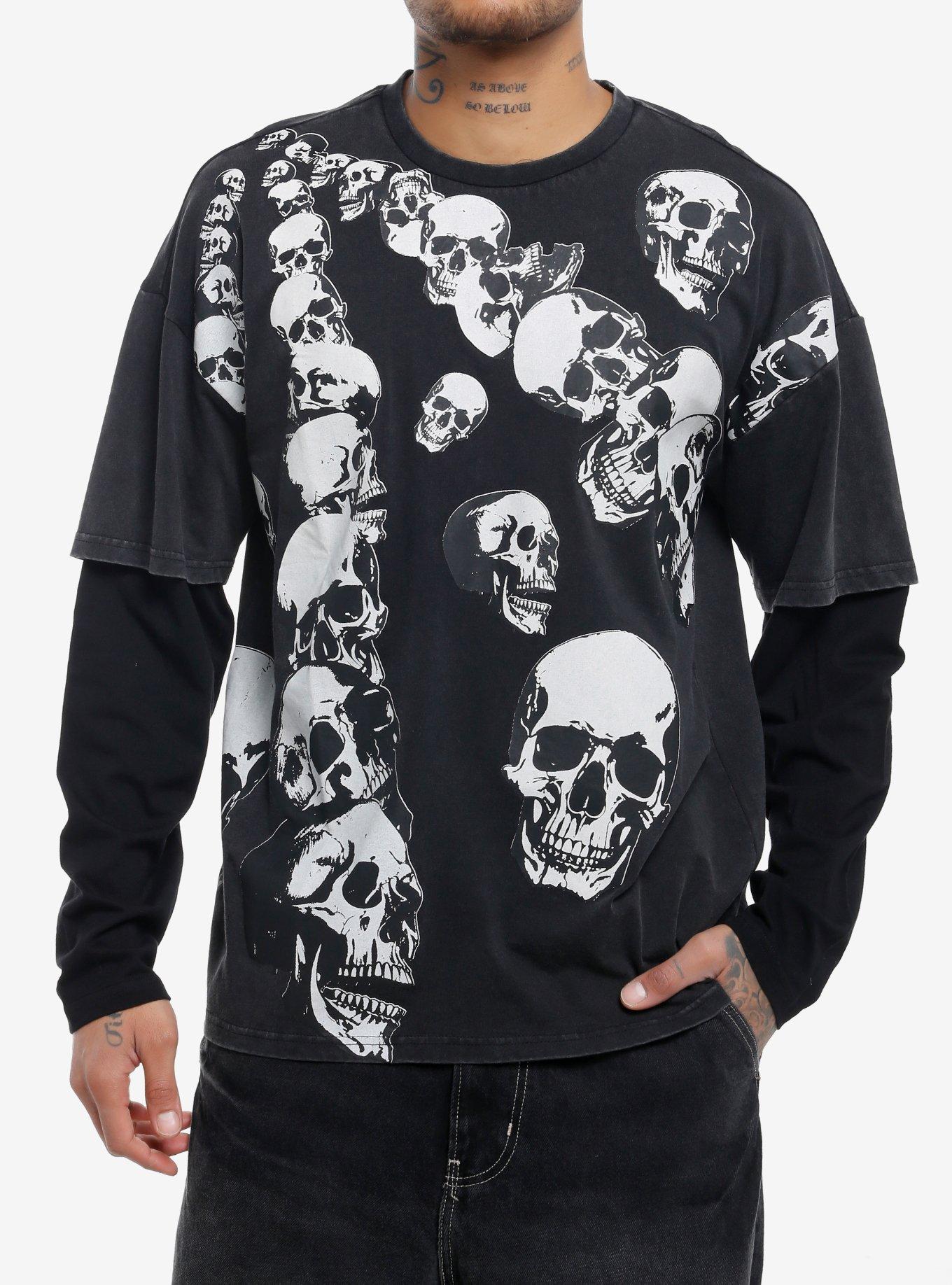 Falling Skulls Oversized Twofer Long-Sleeve T-Shirt | Trending Graphic Tee For Fans