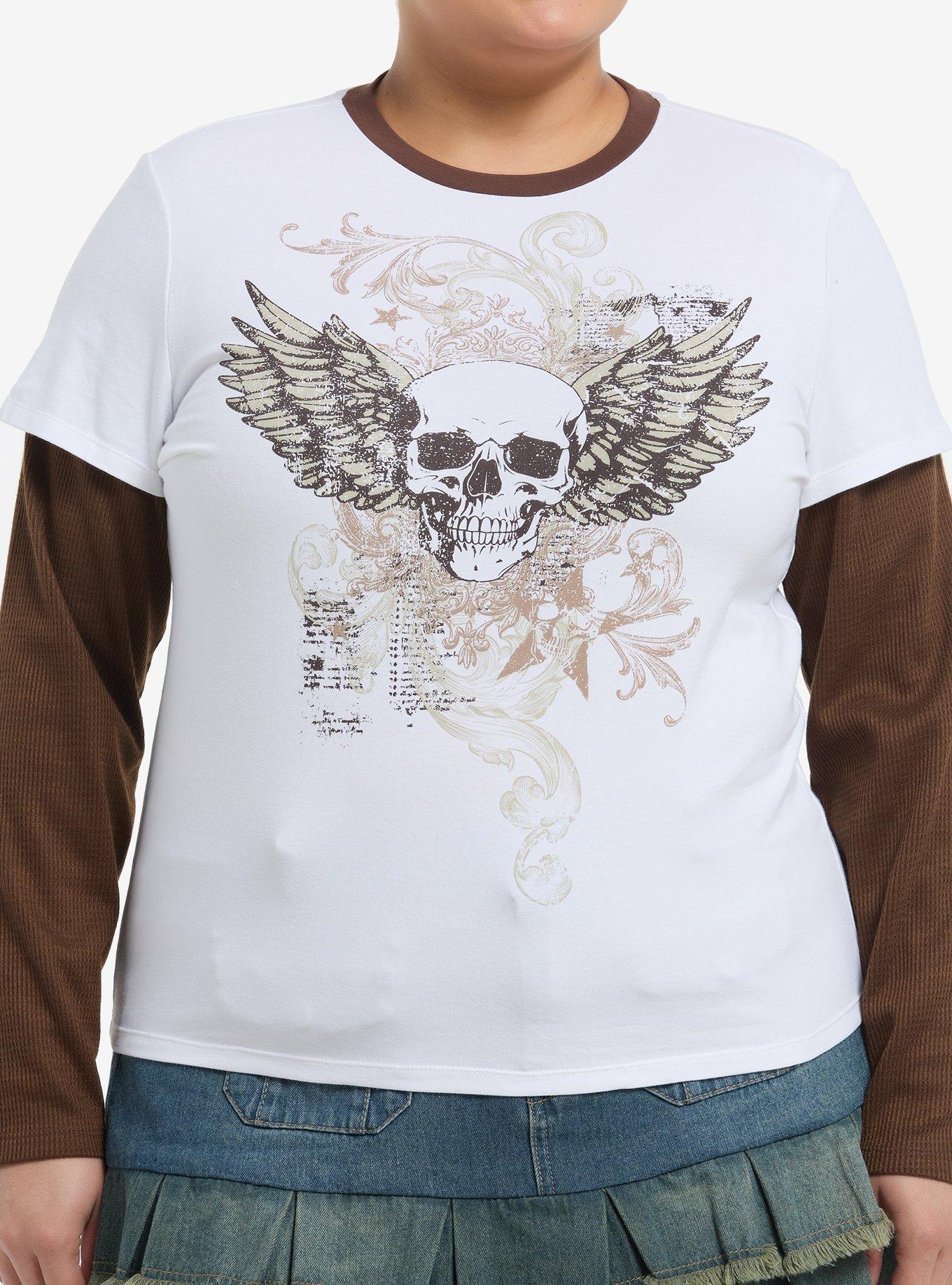 Winged Skull White & Brown Girls Twofer Long-Sleeve Plus Size T-Shirt | Trending Graphic Tee For Fans