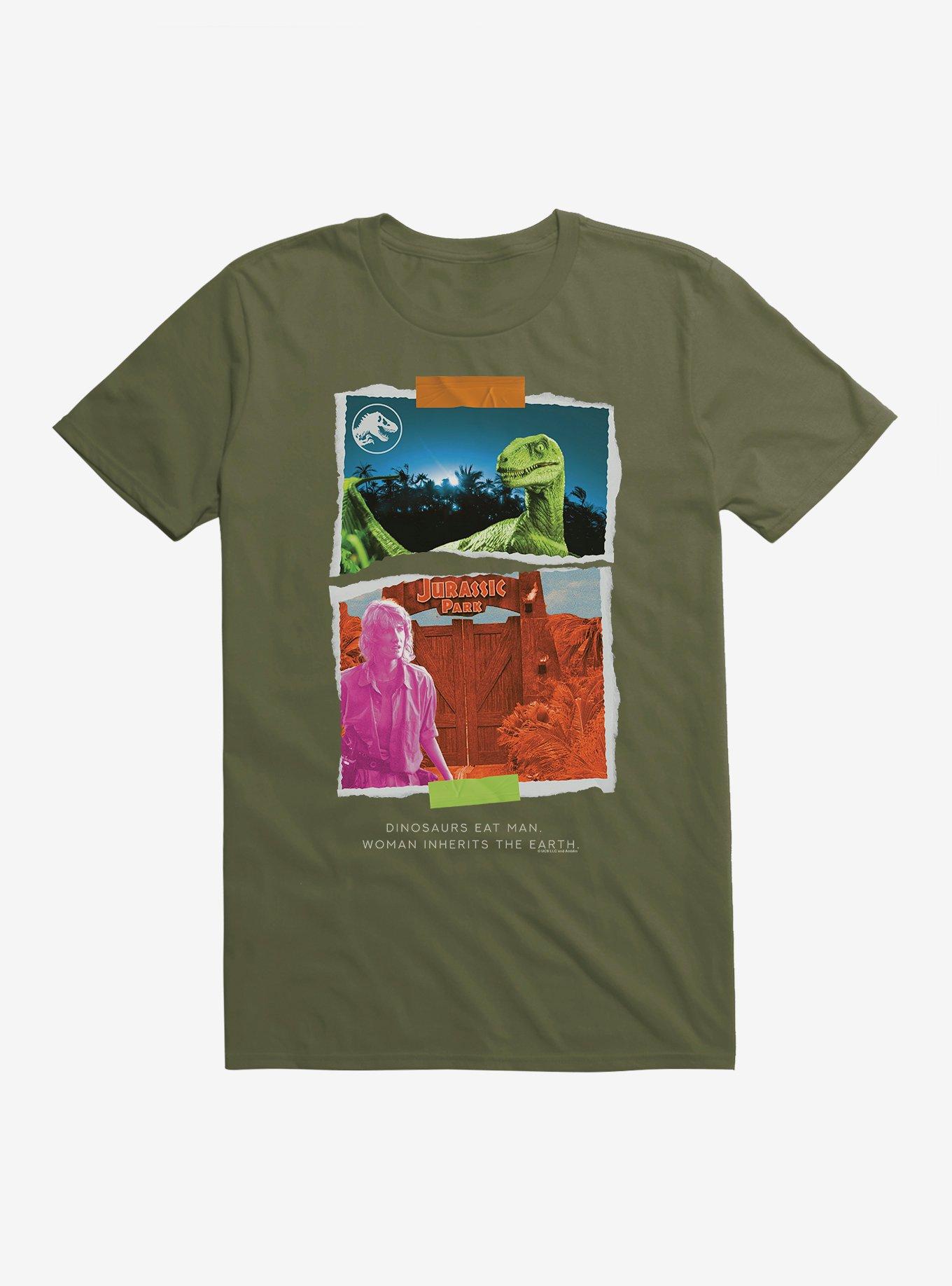 Jurassic Park Dinosaurs Eat Man Woman Inherits The Earth T-Shirt | Trending Graphic Tee For Fans