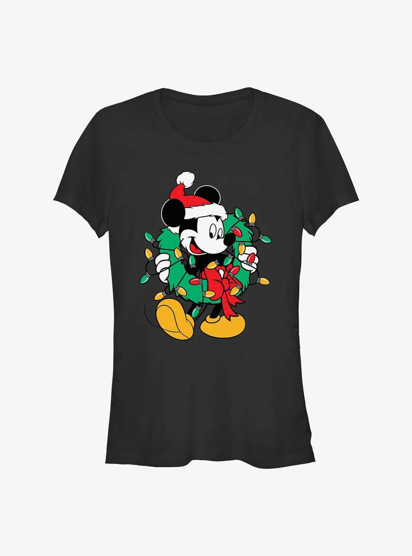 Disney Mickey Mouse Santa Mickey Wreath & Lights Girls T-Shirt | Trending Graphic Tee For Fans