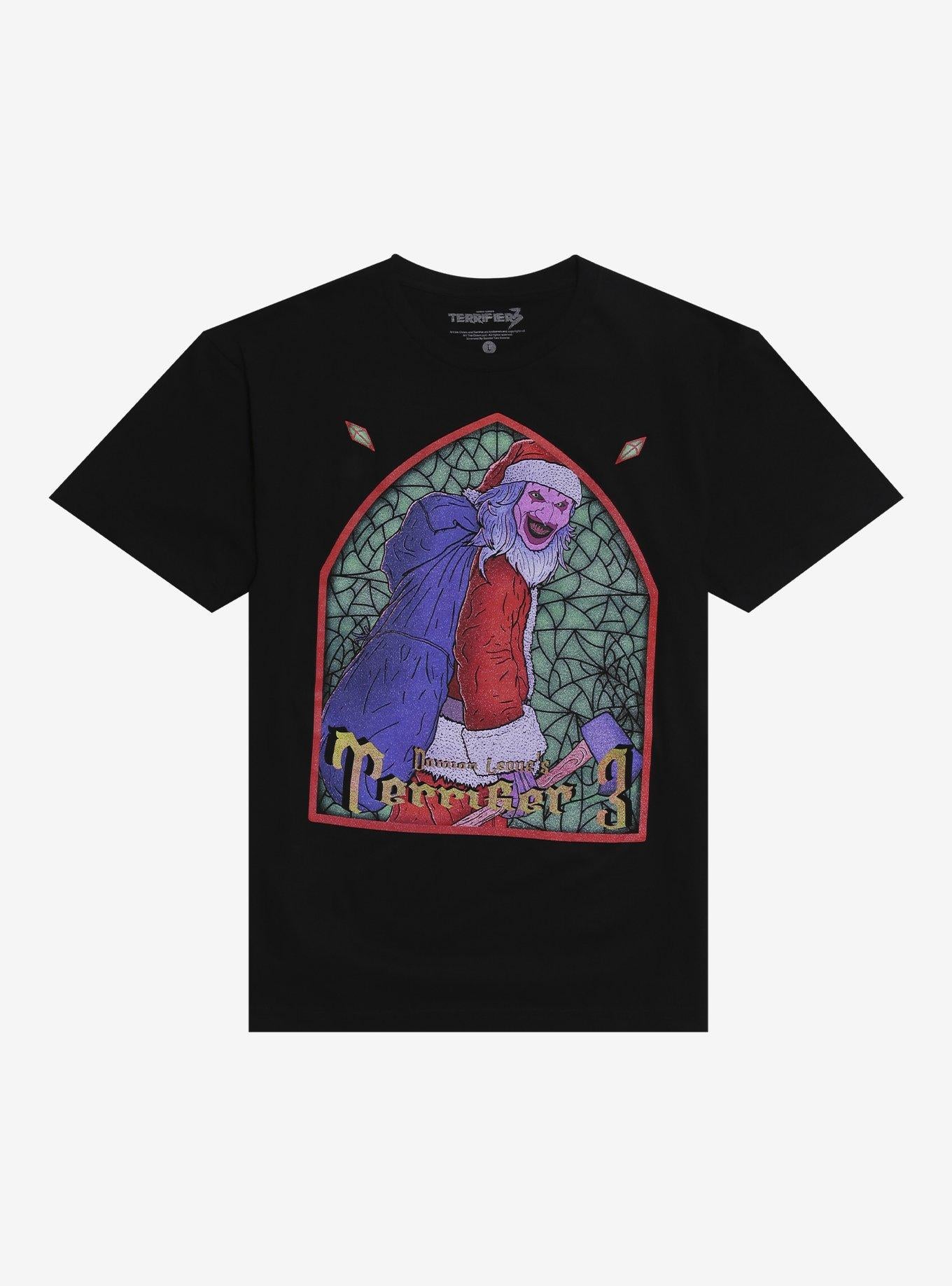 Terrifier Art The Clown Santa Stained Glass By Sketch & Scythe T-Shirt | Trending Graphic Tee For Fans