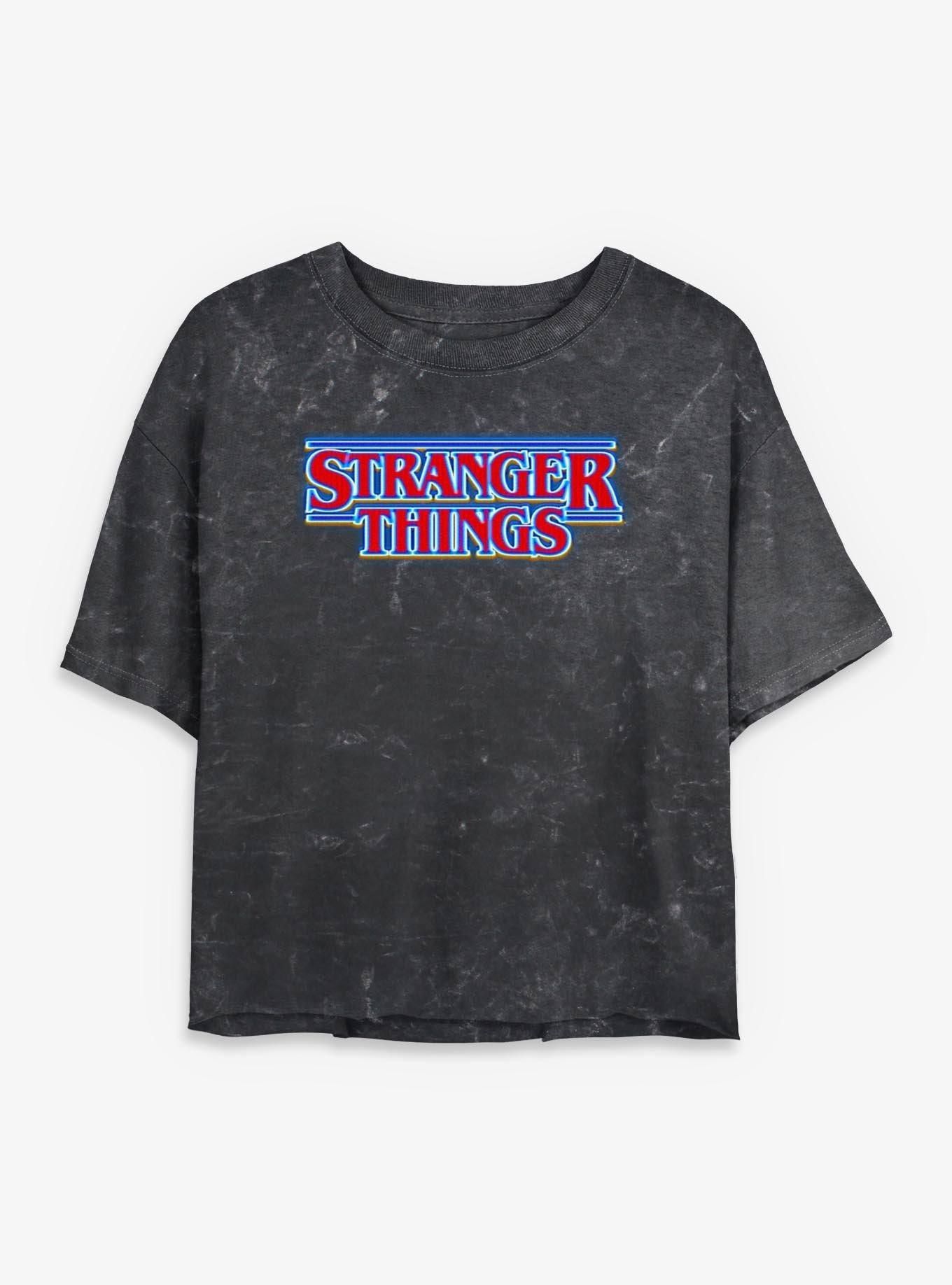 Stranger Things Blue Glow Logo Girls Mineral Wash Crop T-Shirt | Trending Graphic Tee For Fans