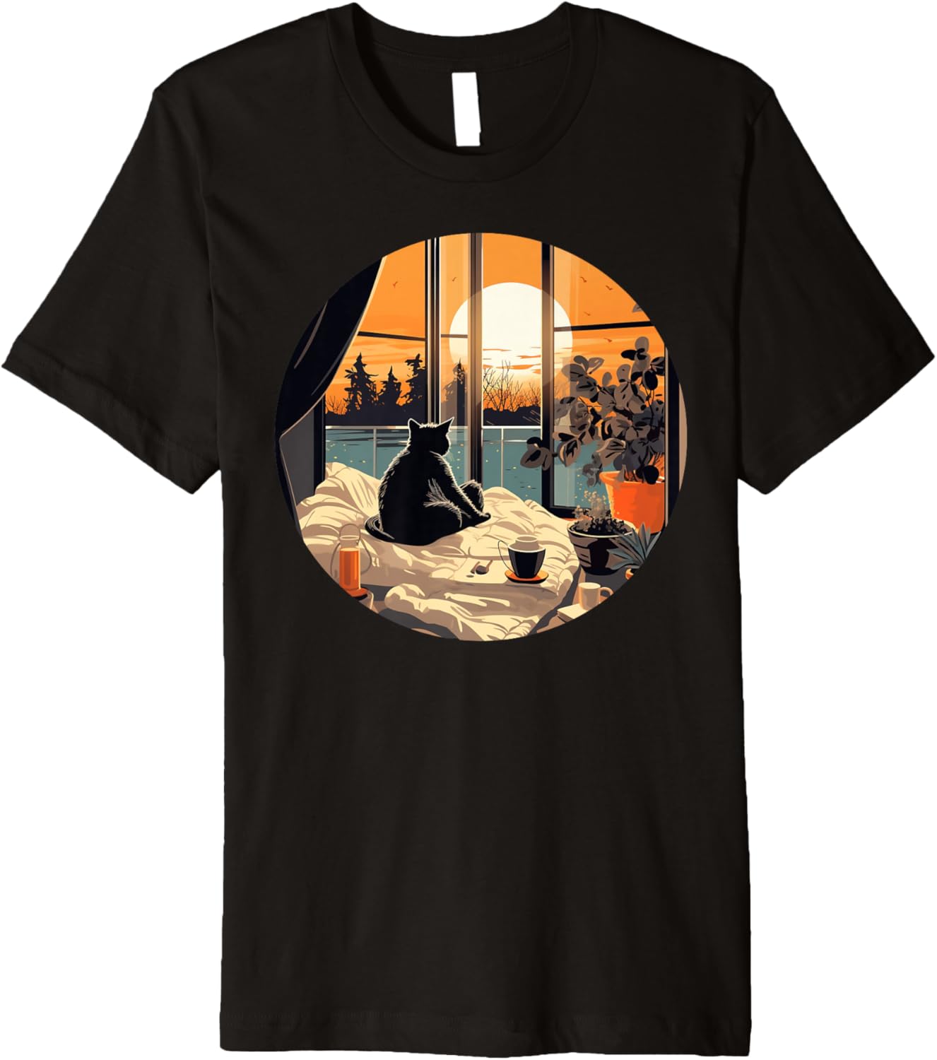 Cozy warm home with cat and sunset for home place lovers Premium Apparel | Premium Quality | Aesthetic Casual Look
