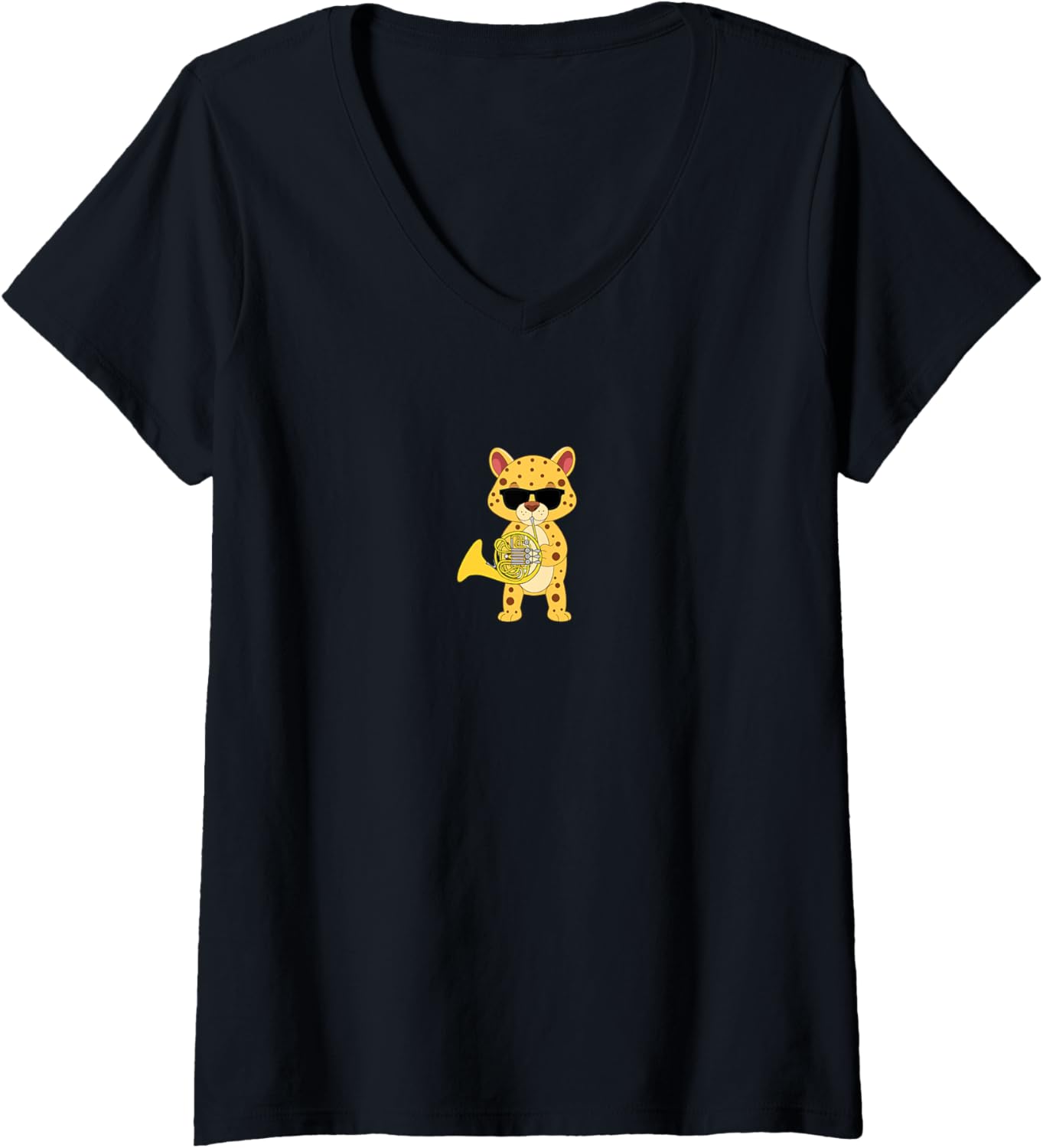 Womens Funny Cheetah Wearing Sunglasses Playing French Horn V Neck Apparel Comfort Fit Hot Right Now