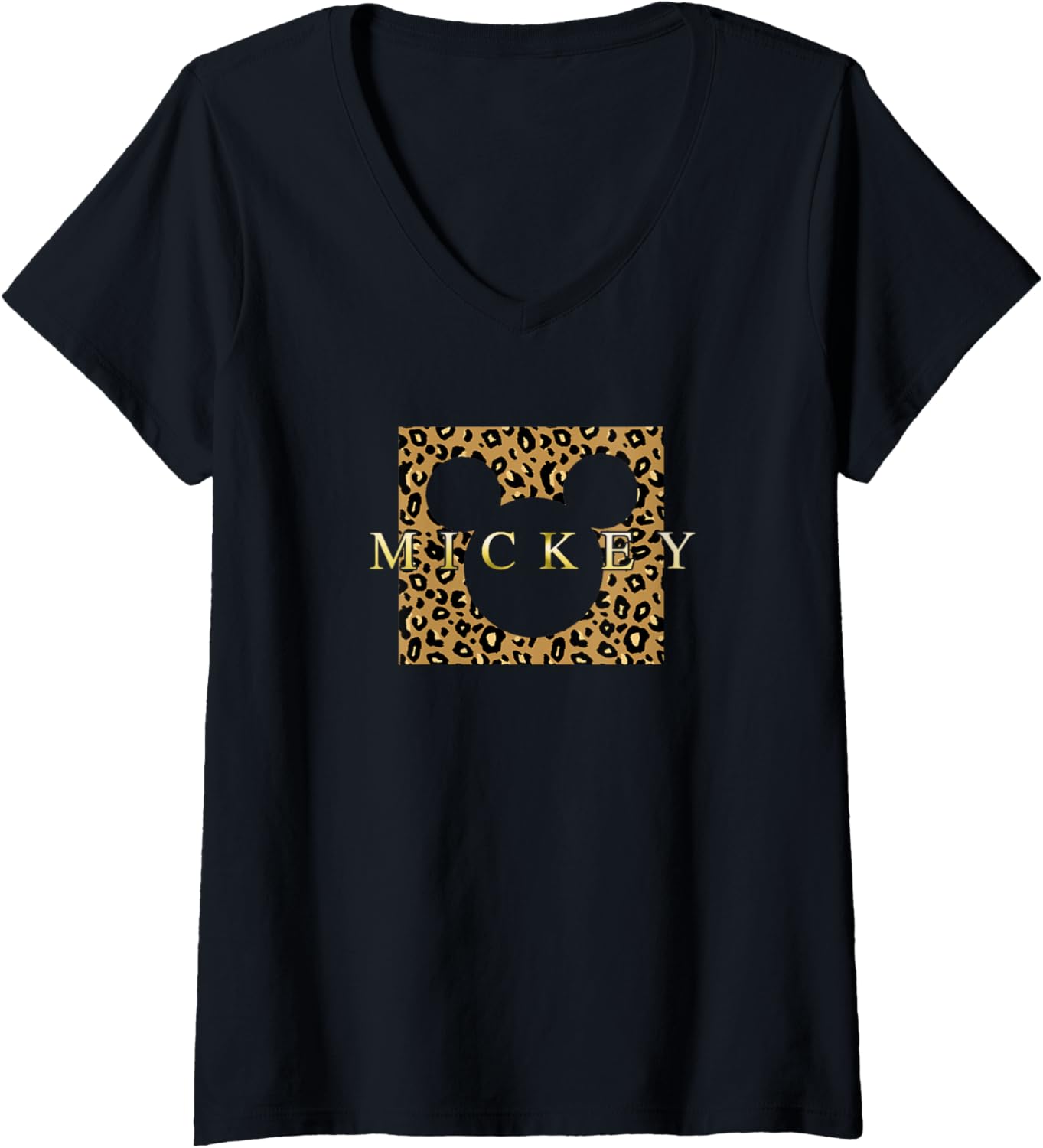 Womens Disney Mickey Mouse Gold Cheetah Print Box V Neck Apparel High Search Demand Fan Favorite