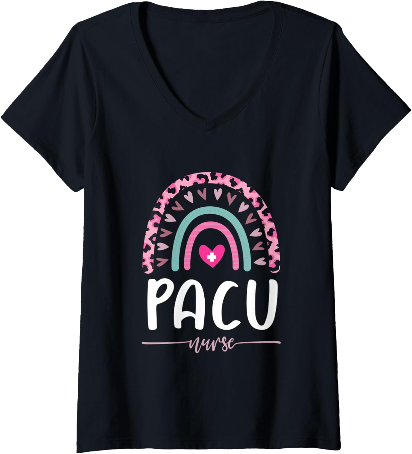 Womens PACU Nurse Leopard Rainbow Heart Cheetah Print V Neck Apparel Viral TikTok Find Fan Favorite
