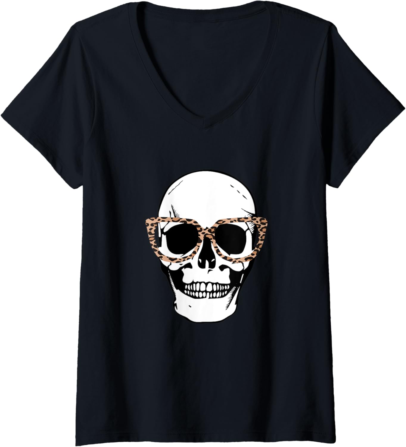 Womens Skull Shirt with Cheetah Print Glasses Halloween Skull V Neck T Shirt Comfort Fit Hot Right Now