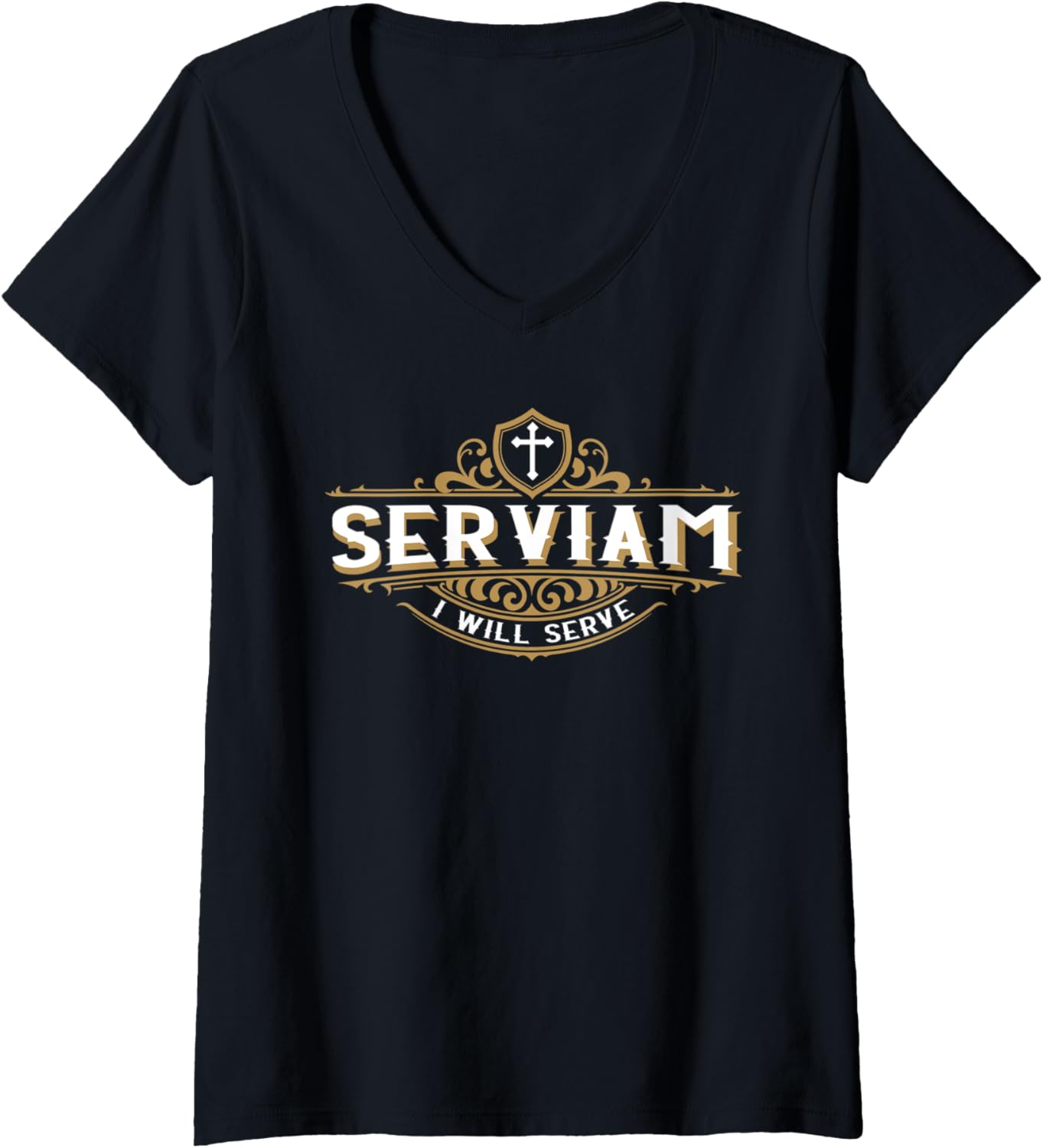 Womens Serviam Will Serve Saint Michael Latin Phrase Catholic V-Neck Apparel | Perfect Gift Idea