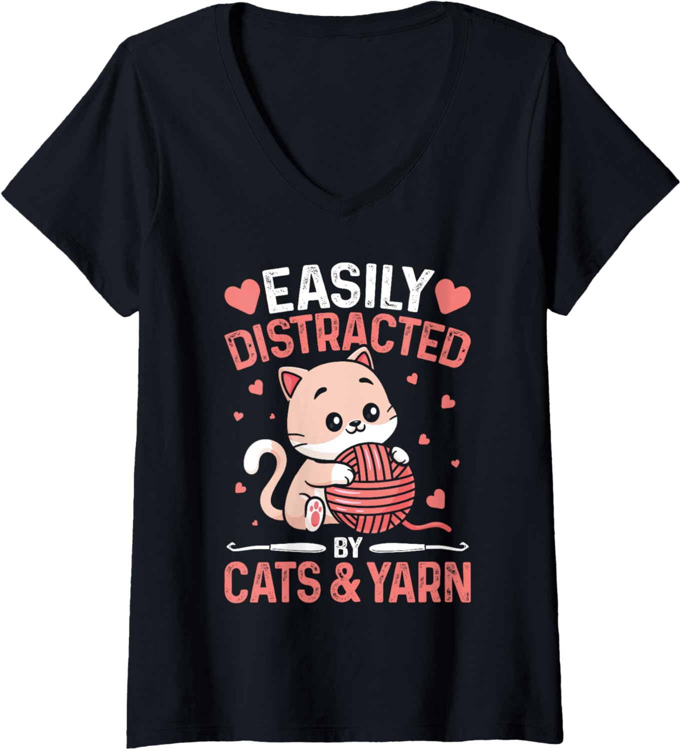 Womens Easily Distracted By Cats and Yarn Funny Crocheting Lover V-Neck Yarn Supply | Trending 2025 | Customer Favorite