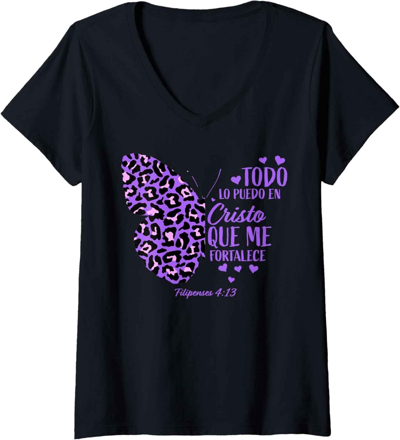 Womens Christian Spanish Bible Verse Purple Cheetah Print Butterfly V Neck Apparel Viral TikTok Find Gift Ready