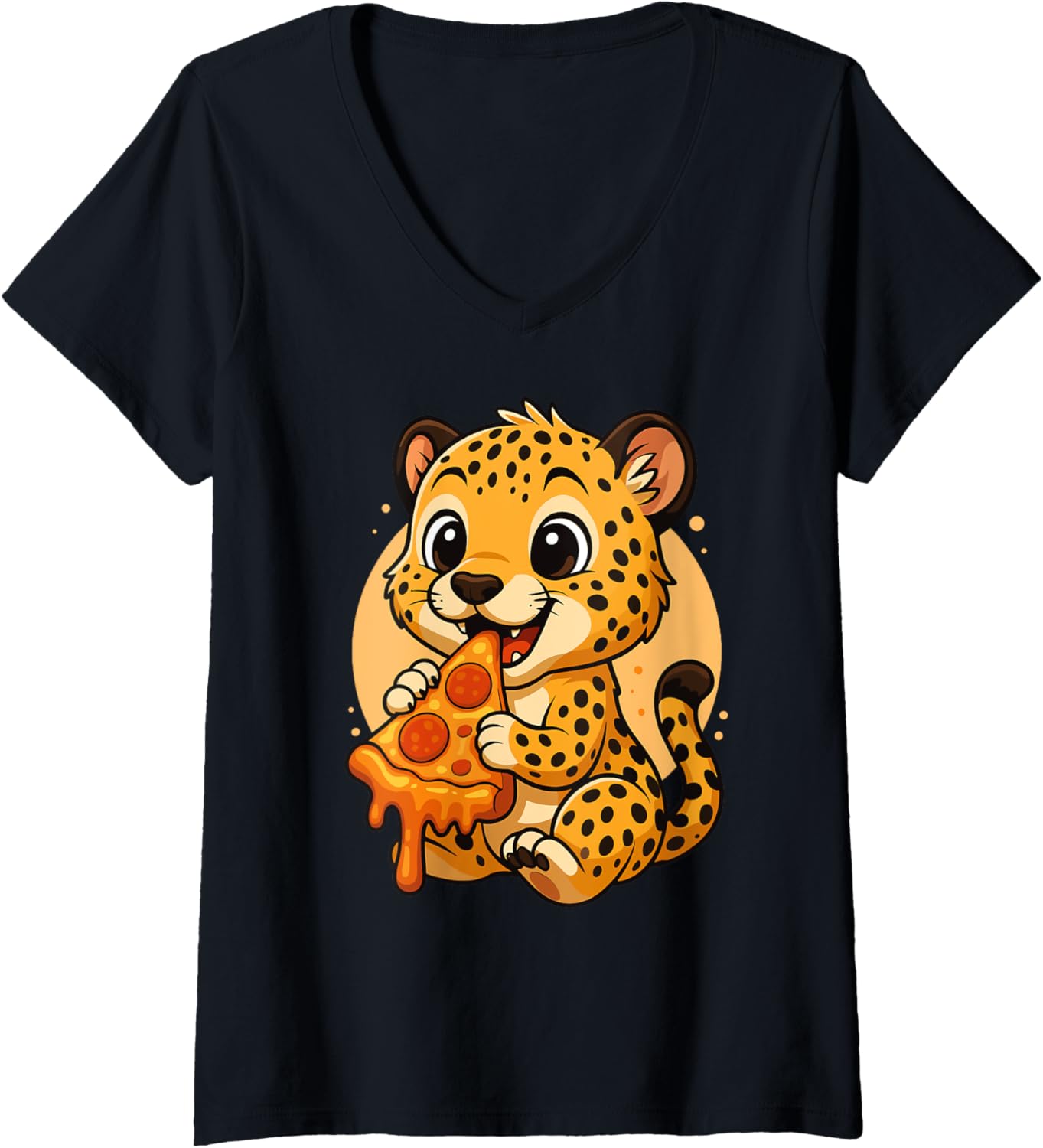 Womens Funny Cheetah Eating Pizza Graphic Boys Girls Cheetah Lover V Neck Apparel Premium Print Everyday Wear