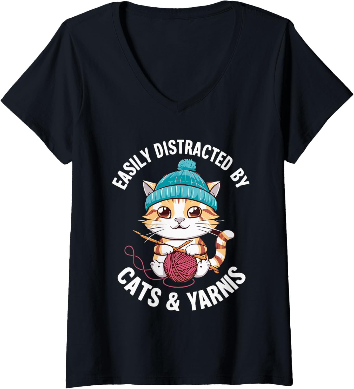 Womens Easily Distracted By Cats & Yarns Crafting Cat V-Neck Yarn Supply | Top Rated | Customer Favorite
