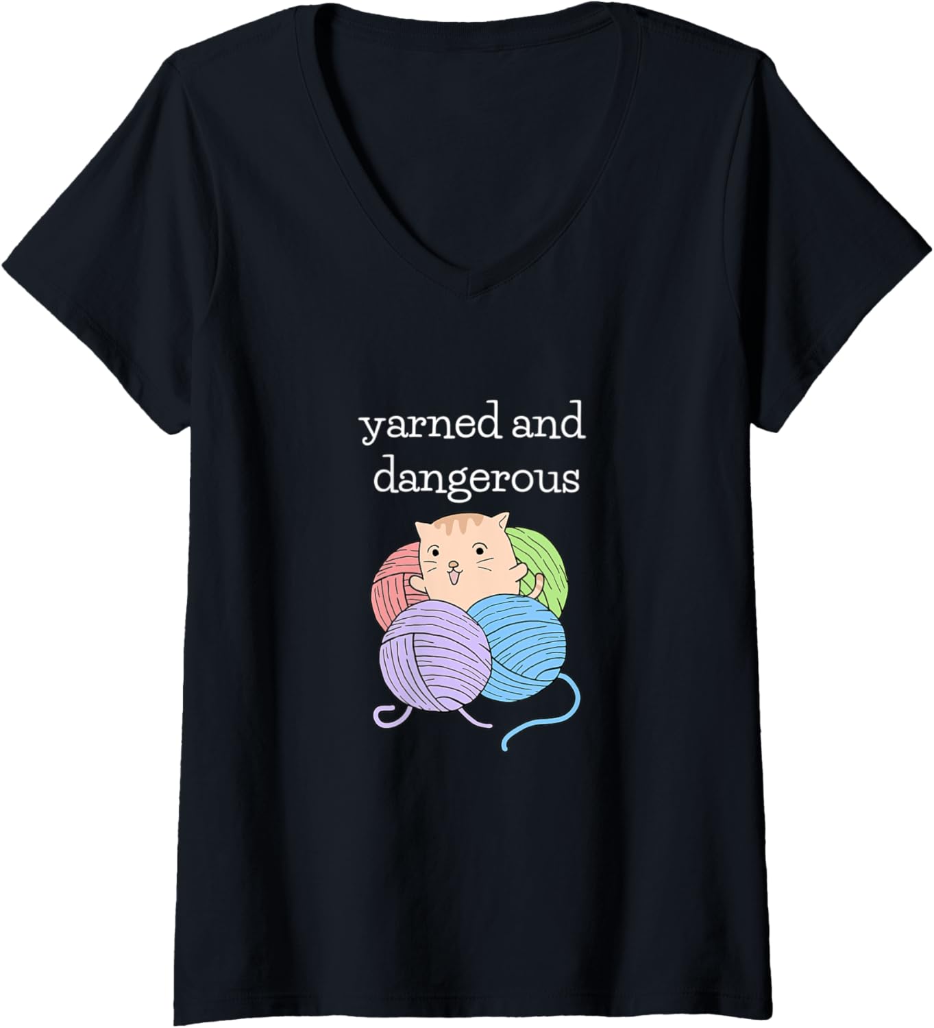 Womens Yarned And Dangerous Funny Sewing Yarn Cute Kawaii Cat V-Neck Yarn Supply | Top Rated | Best Seller Choice