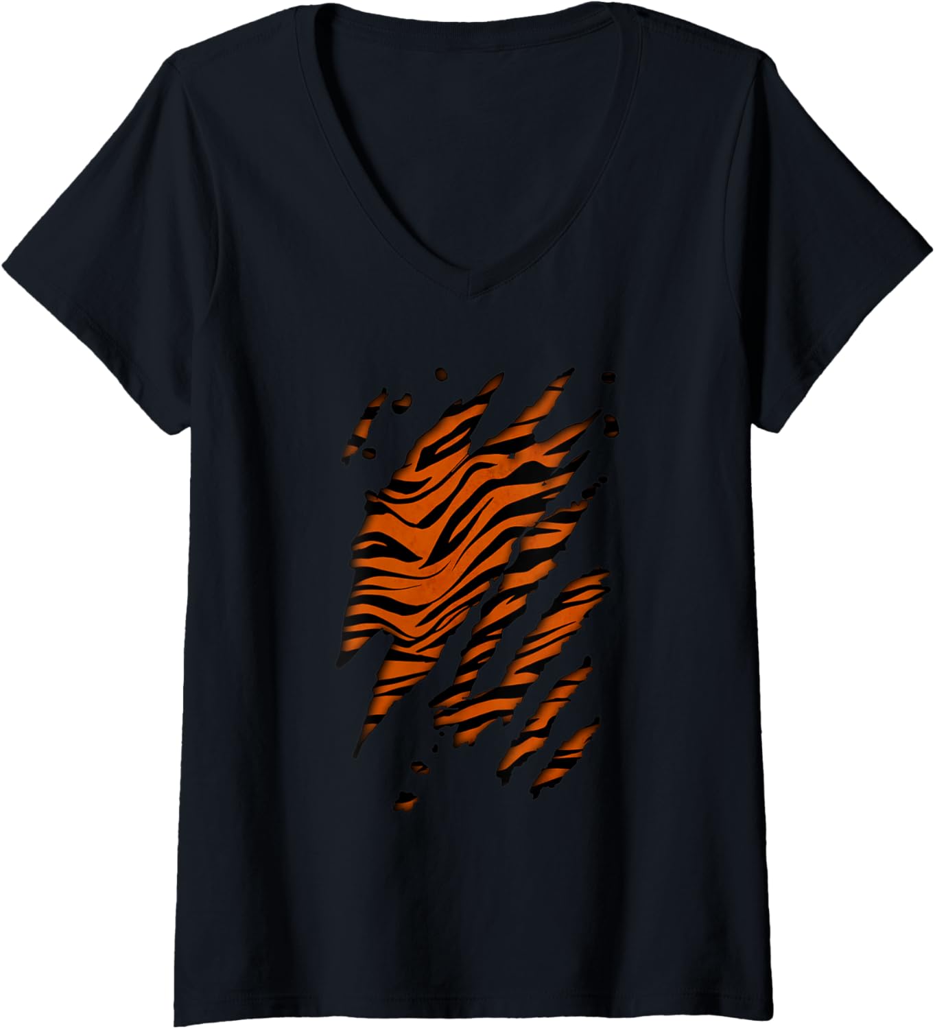 Womens Tiger Pattern Print Wild Cat Animal Claws Fake Ripped V Neck Apparel Premium Print Gift Ready