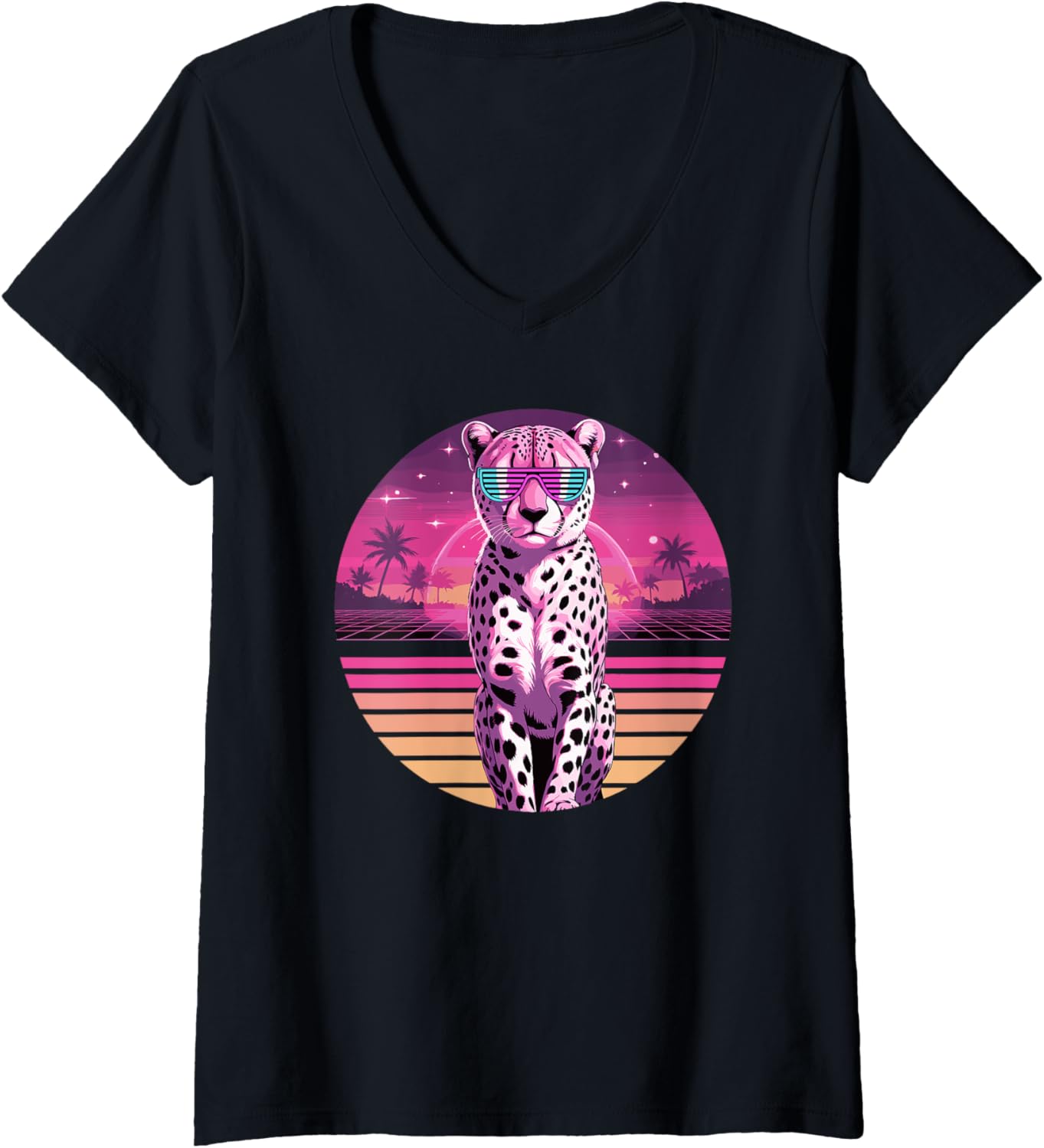 Womens Retro Synthwave Cheetah Sunglasses Cheetahs V Neck Apparel High Search Demand Hot Right Now