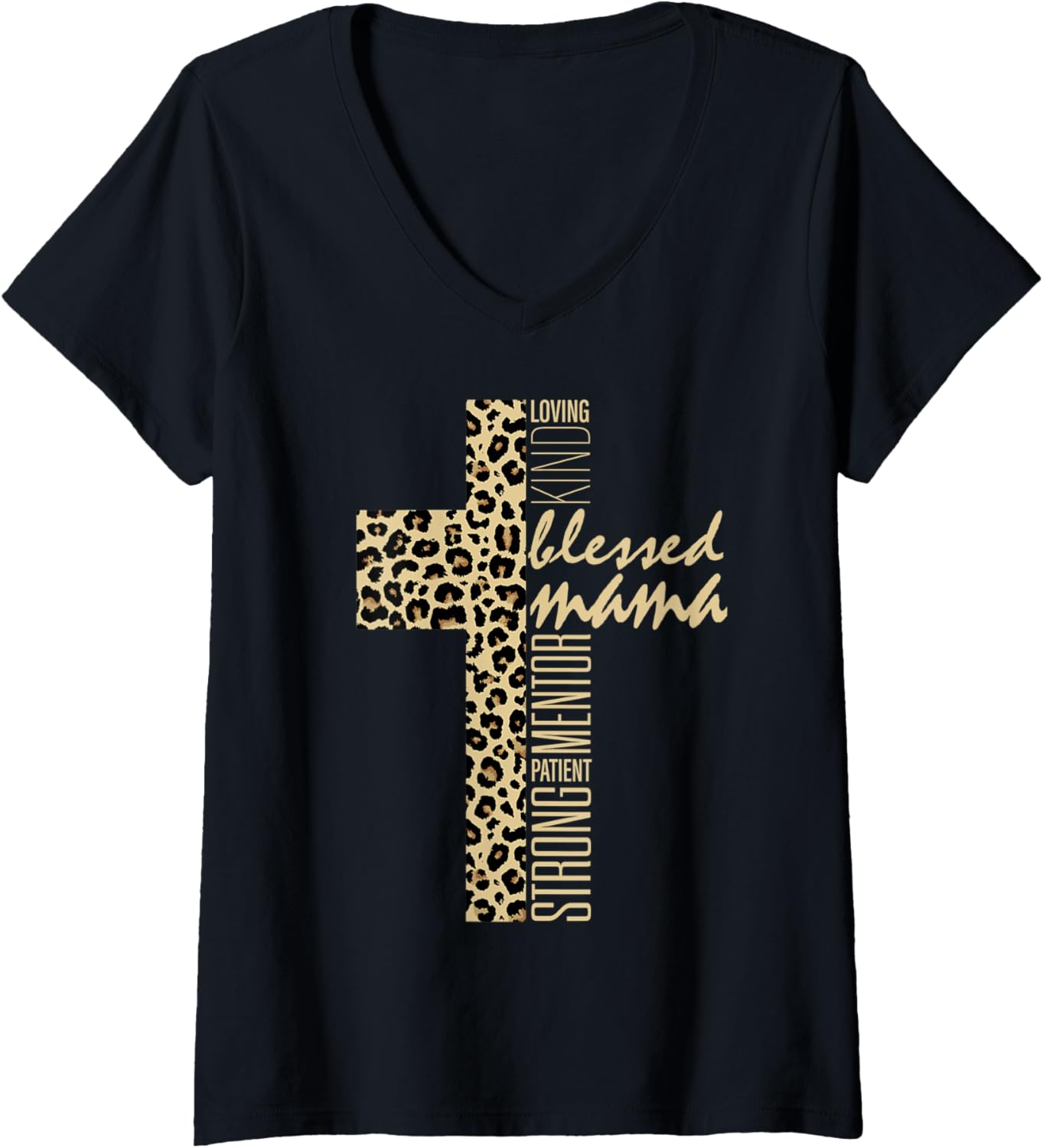 Womens Blessed Mama Cheetah Print Loving Kind Christian Mom Mother V Neck Apparel Streetwear Style Fan Favorite
