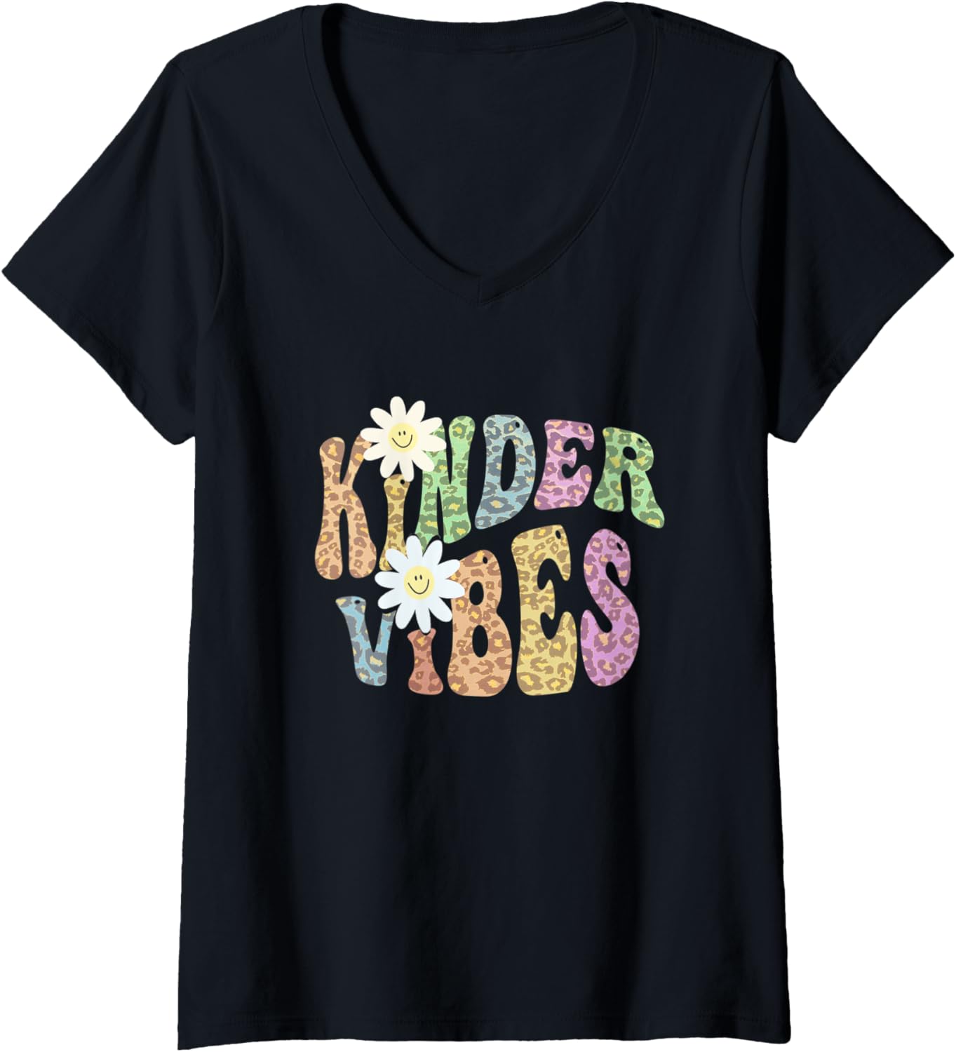 Womens Groovy KINDER VIBES Teacher Leopard Print Kindergarten Retro V Neck Apparel Viral TikTok Find Gift Ready