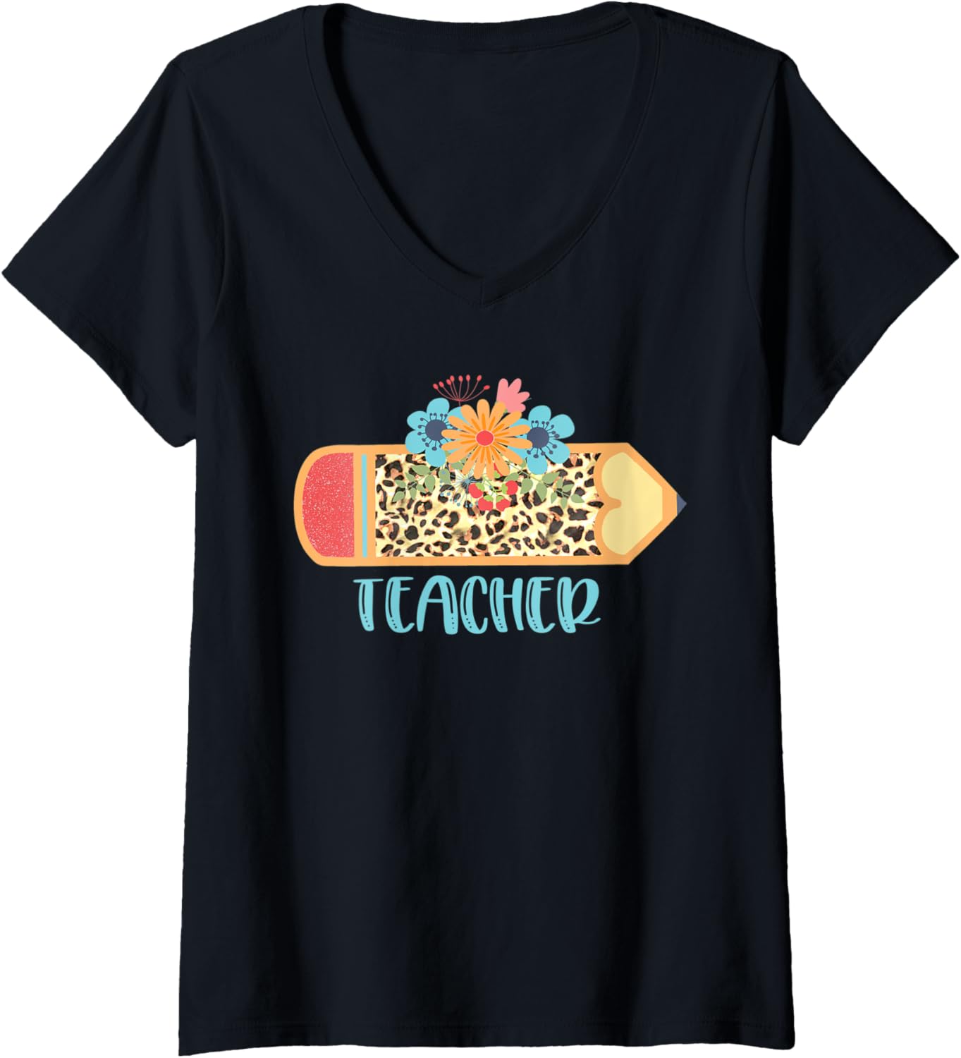 Womens TEACHER Cute Pencil Leopard Cheetah Print Teach Love Inspire V Neck Apparel Comfort Fit Hot Right Now