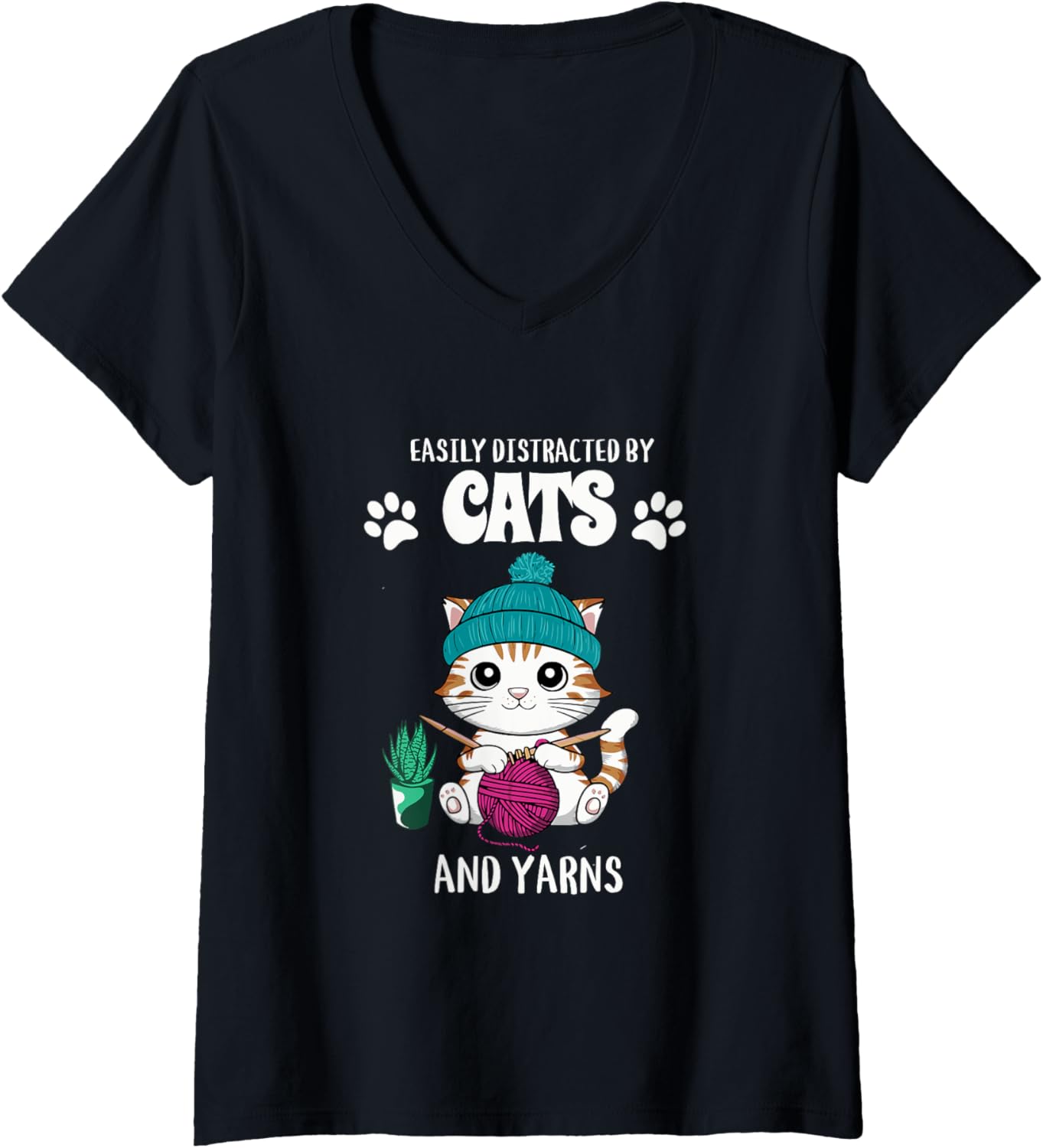 Womens Easily Distracted By Cats & Yarns Cute Knitting Cat V-Neck Yarn Supply | Top Rated | High CTR Title