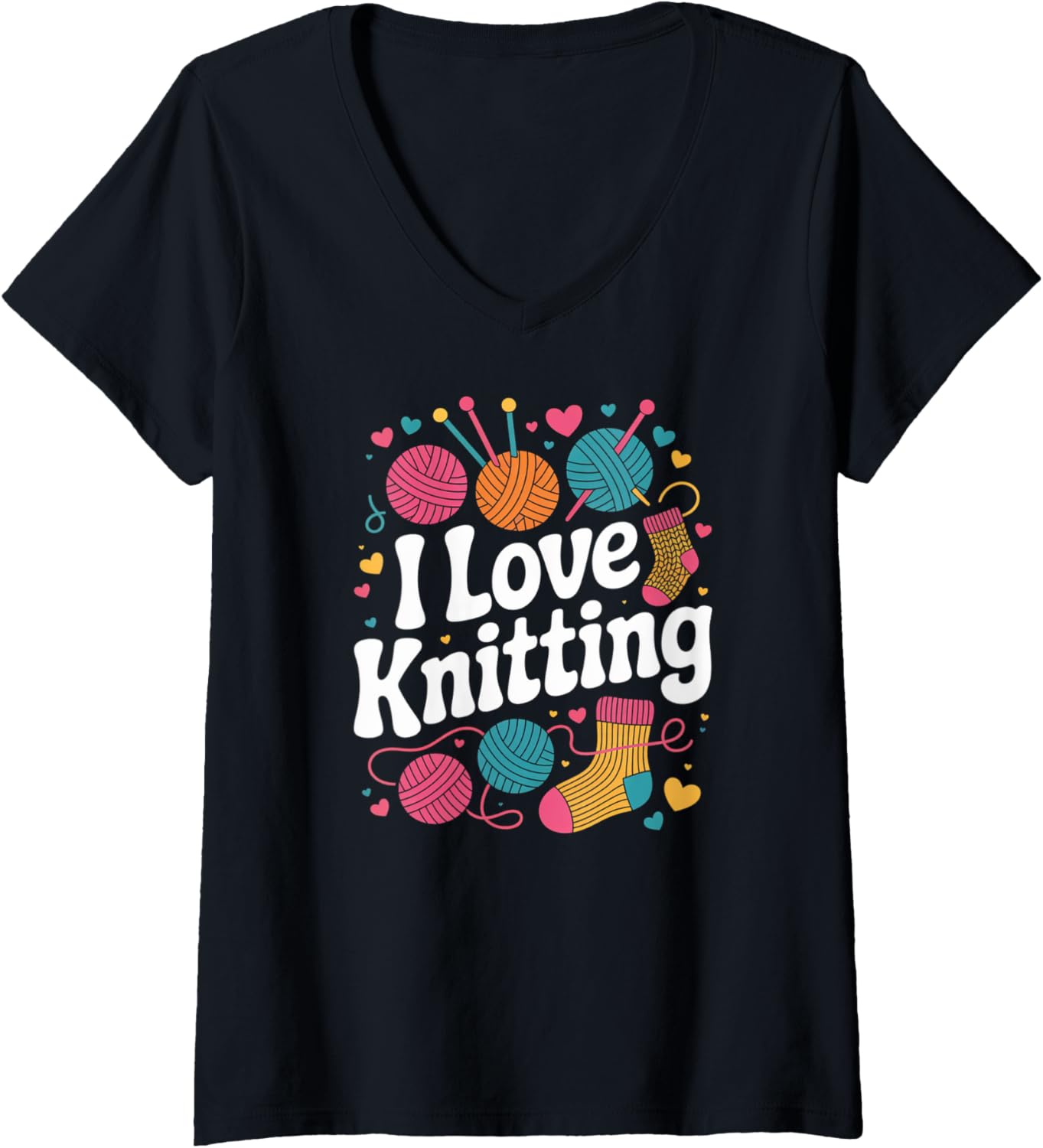 Womens I Love Knitting Colorful Yarn Balls Heart V-Neck Yarn Supply | Top Rated | Customer Favorite