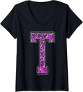 Womens Leopard Cheetah Print Capital Letter T Monogram Initial Pink V Neck Apparel Premium Print US Top Pick