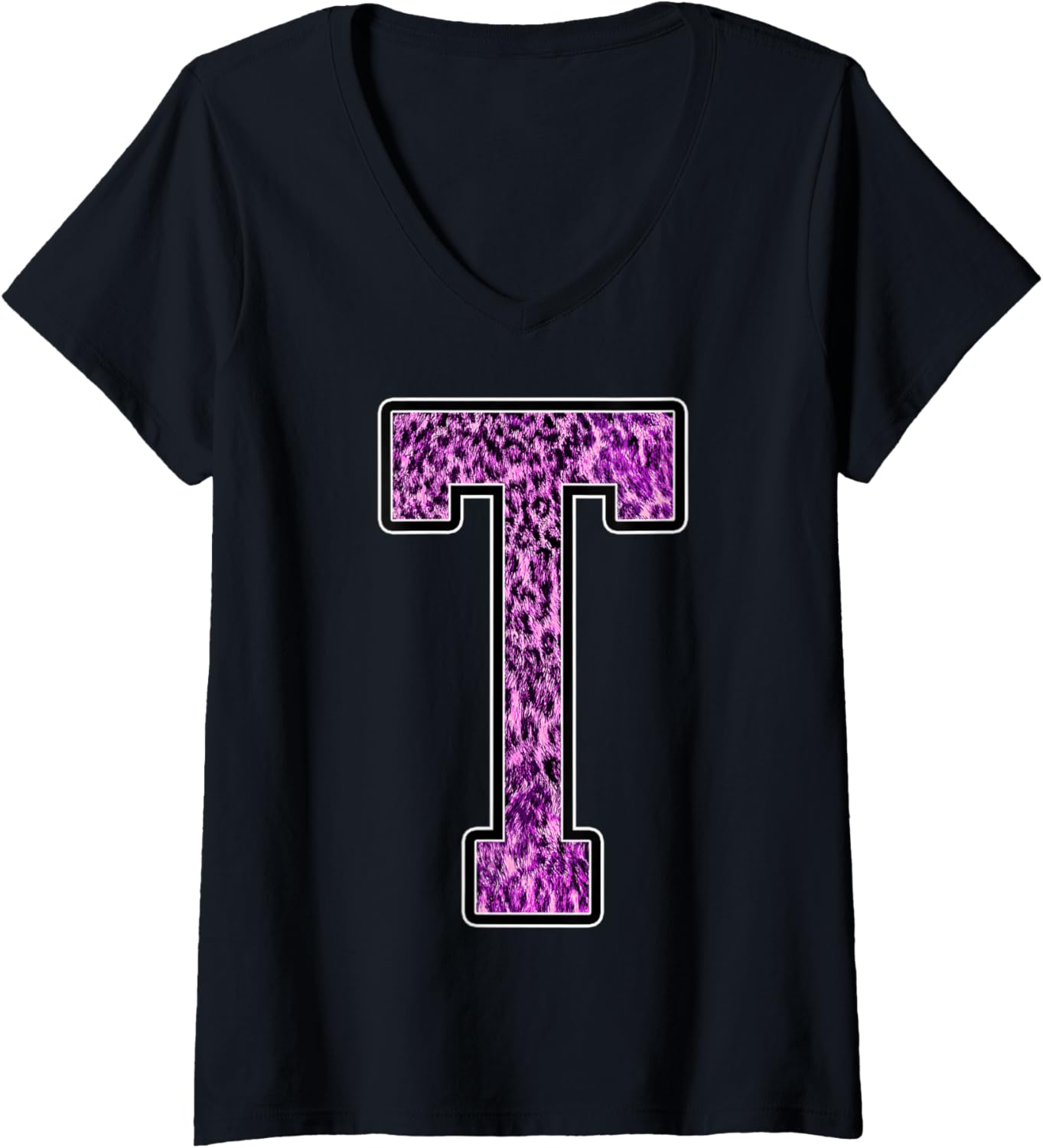 Womens Leopard Cheetah Print Capital Letter T Monogram Initial Pink V Neck Apparel Premium Print US Top Pick