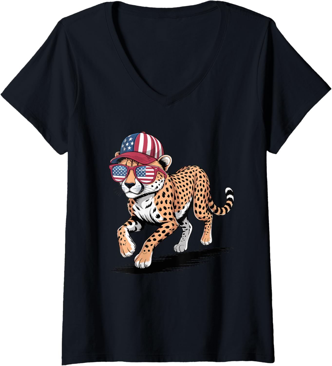 Womens Cool Cheetah USA Flag Sunglasses Independence 4th of July V Neck Apparel High Search Demand Hot Right Now
