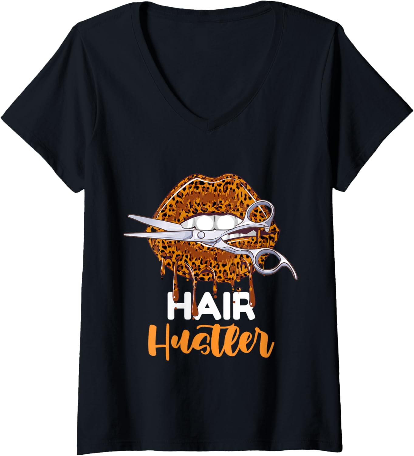 Womens Hair Hustler Hairdresser Leopard Lips Cheetah Hairstylist V Neck Apparel Trending US Hot Right Now