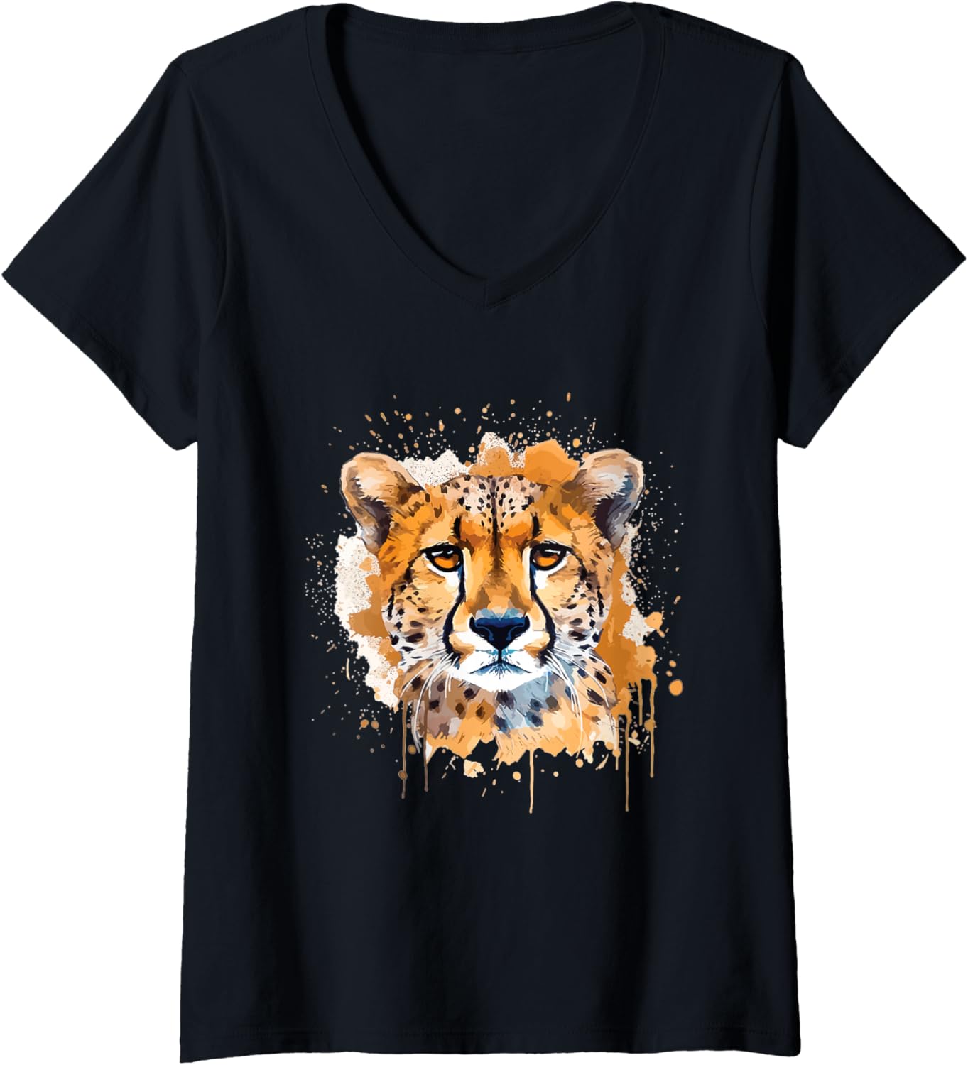 Colorful Art Cute Wild Cheetah Design V Neck Apparel Streetwear Style Everyday Wear