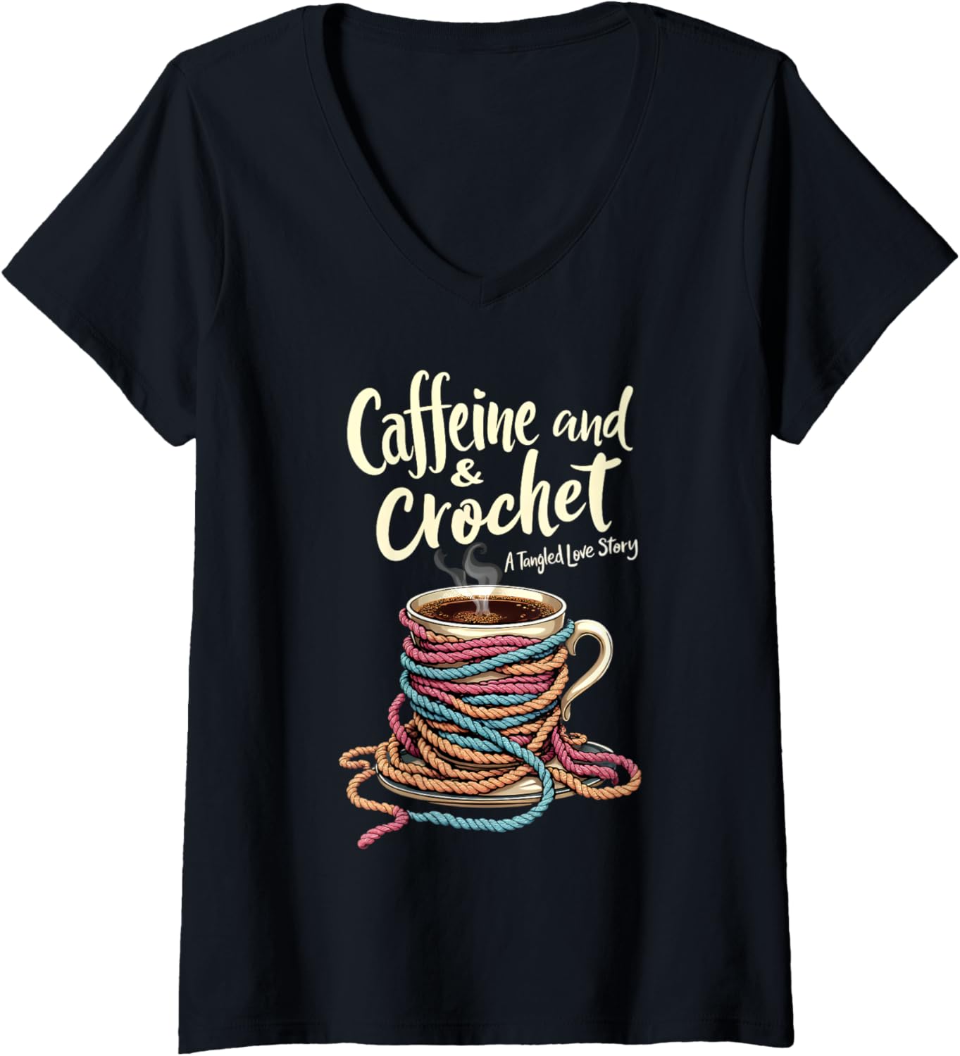 Womens Caffeine Crochet Tangled Love Story Funny Yarn Crocheting V-Neck Yarn Supply | Viral US Pick | High CTR Title