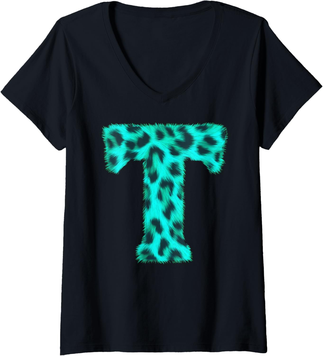 Womens Letter T Cheetah Leopard Print Blue Initial Zebra Matching V Neck Apparel Streetwear Style Gift Ready