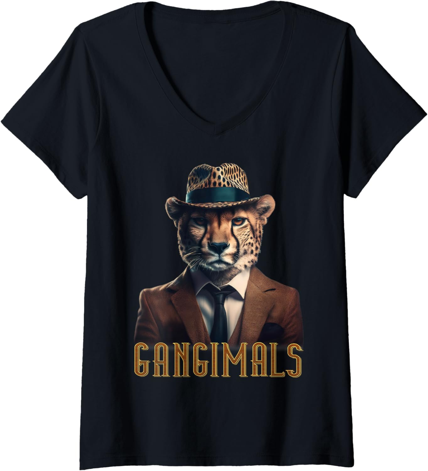 Womens Gangimals Cheetah Gentleman Gangster in Suit with Cigar V Neck Apparel Viral TikTok Find Hot Right Now
